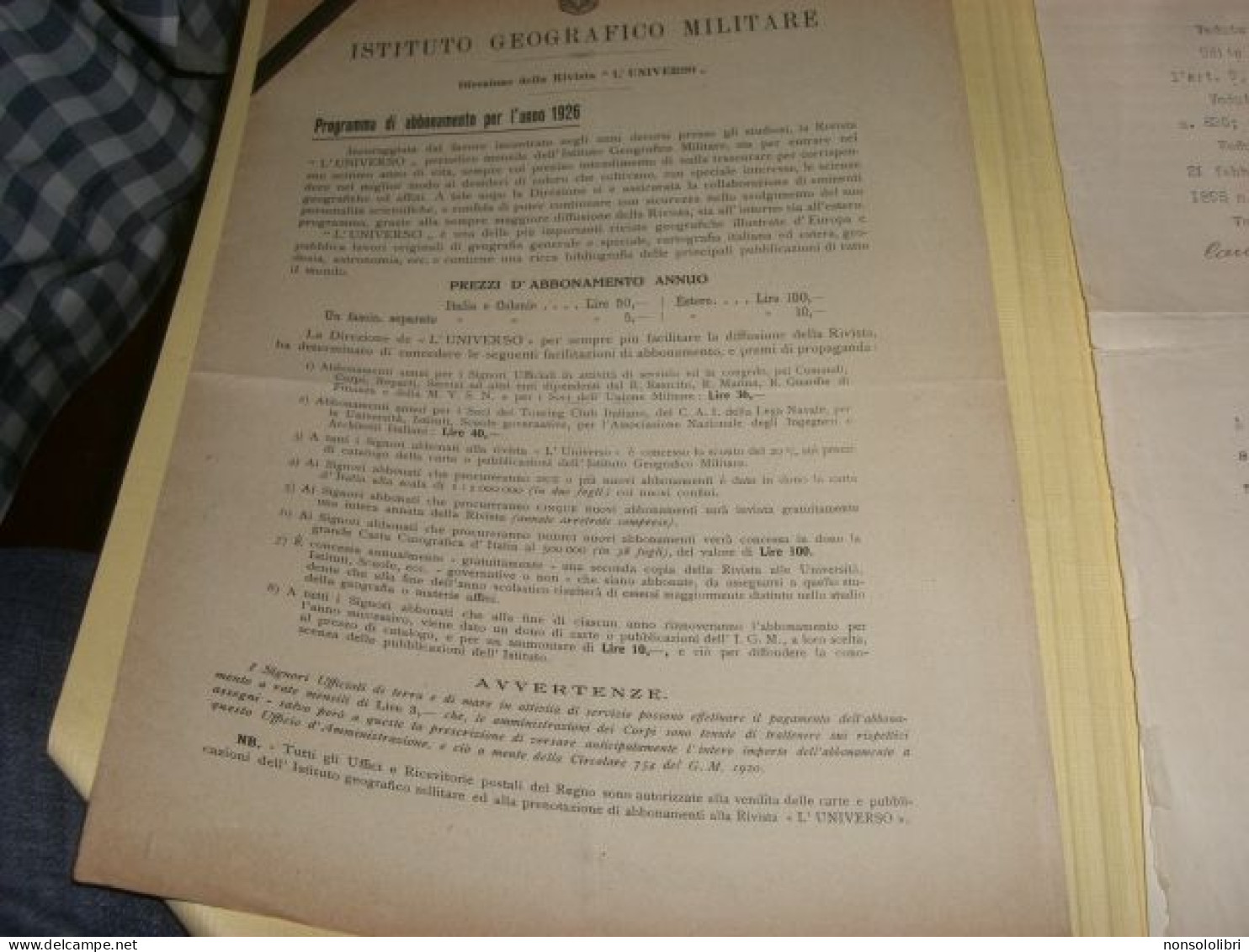 DEPLAINT ISTITURO GEOGRAFICO MILITARE -ABBONAMENTO 1926 - Documents Historiques