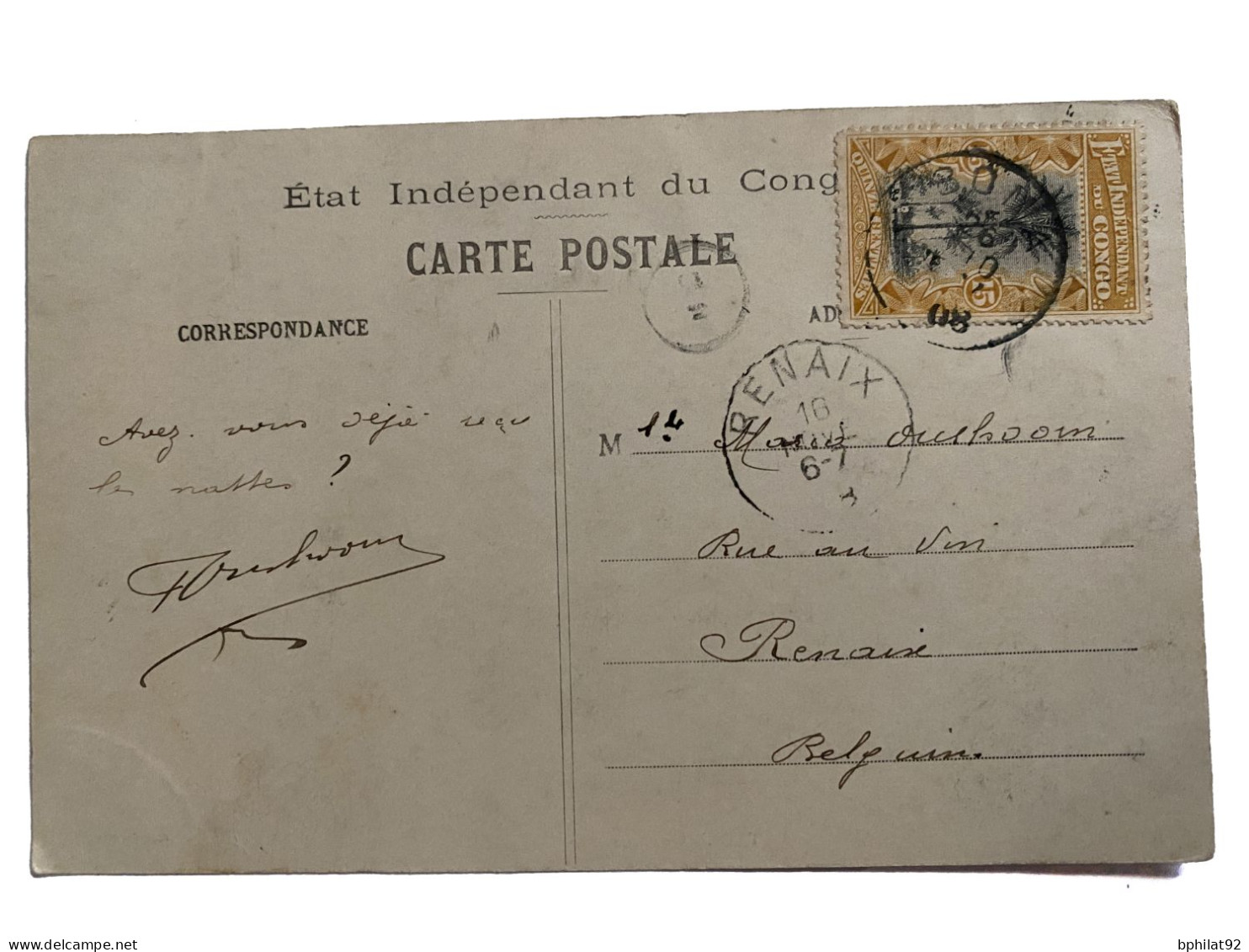 !!! CONGO, CPA DE 1908, DÉPART DE BOMA POUR RENAIX (BELGIQUE) - Covers & Documents
