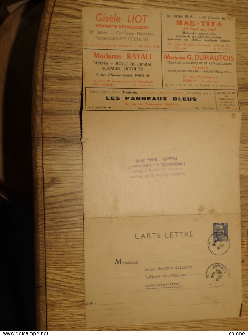 ENTIER POSTAL.ENVELOPPE PUBLICITAIRE. MARIANNE DE GANDON N° 886. 1954. LES PANNEAUX BLEUS. PARIS POUR LEVALLOIS-PERRET - Standard- Und TSC-Briefe (vor 1995)