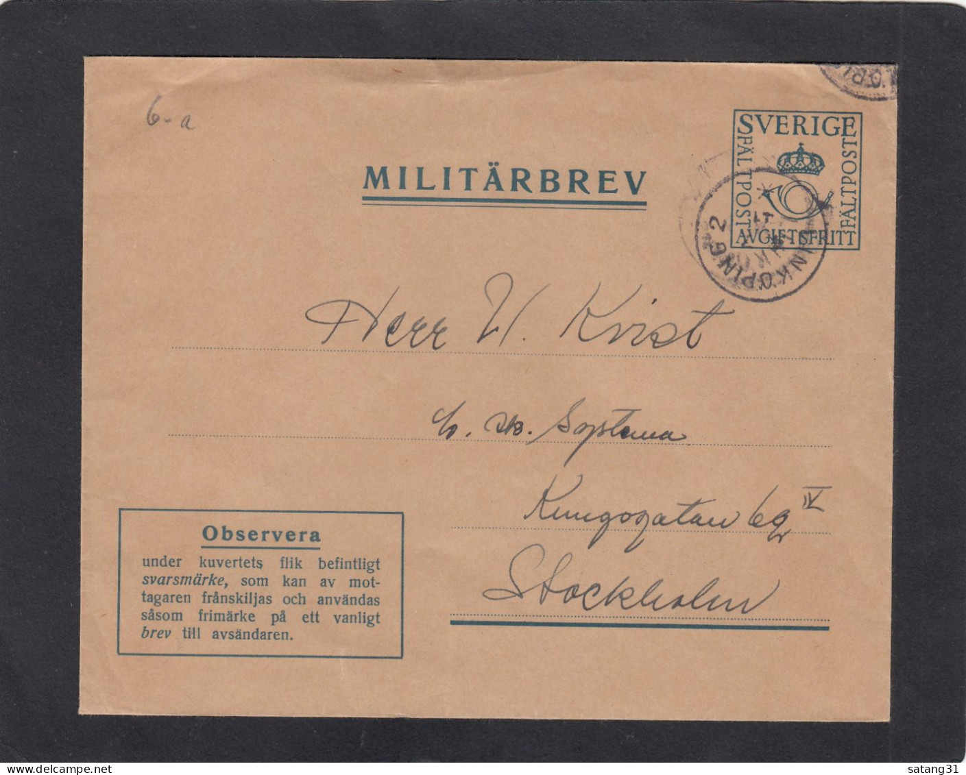 FELDPOST AUS LINKÖPING,MIT B.MARKE AUF DER RÜCKSEITE ZUR ANTWORT,1939. - Militaires