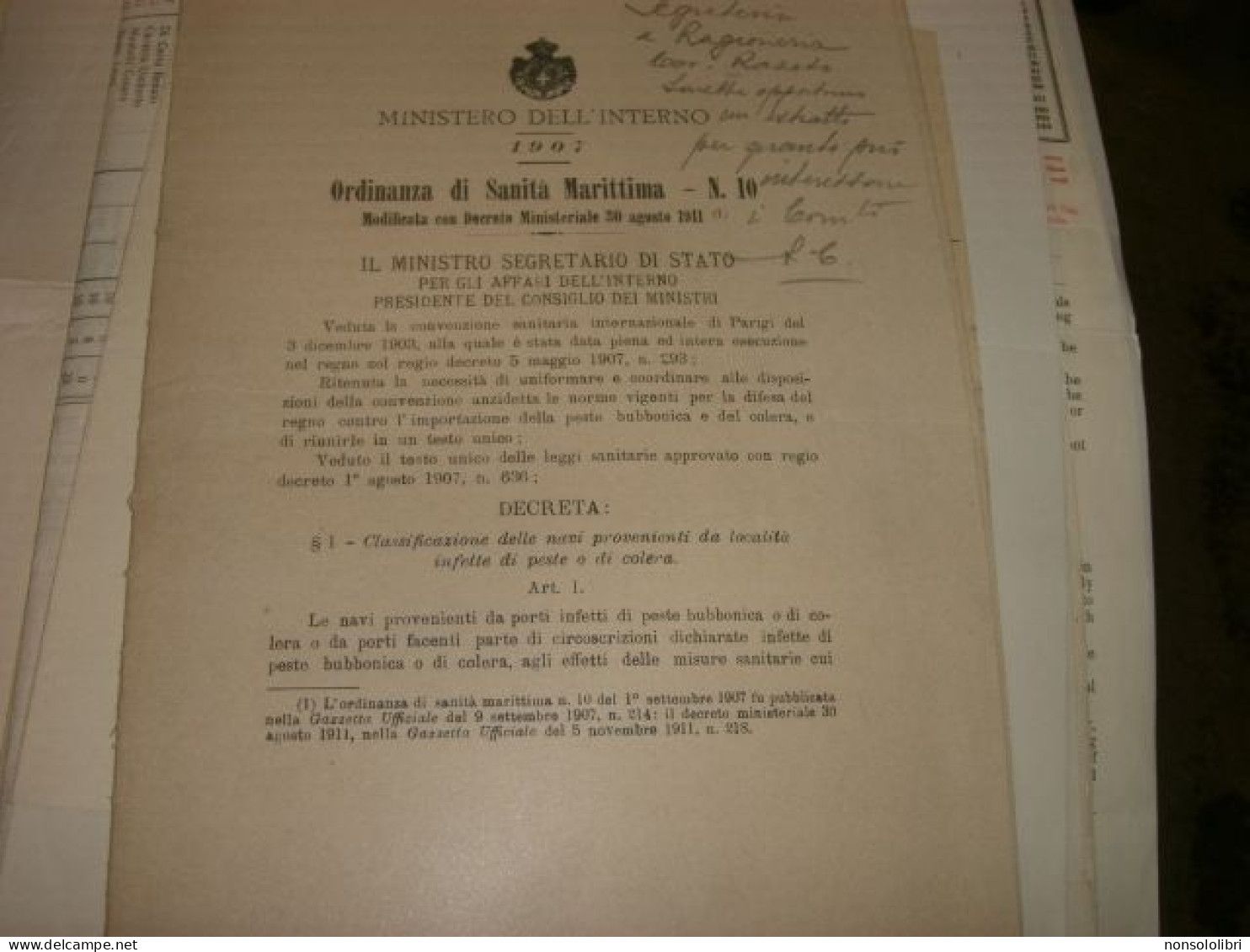 ORDINANZA DI SANITA' MARITTIMA N.10 - Historische Dokumente