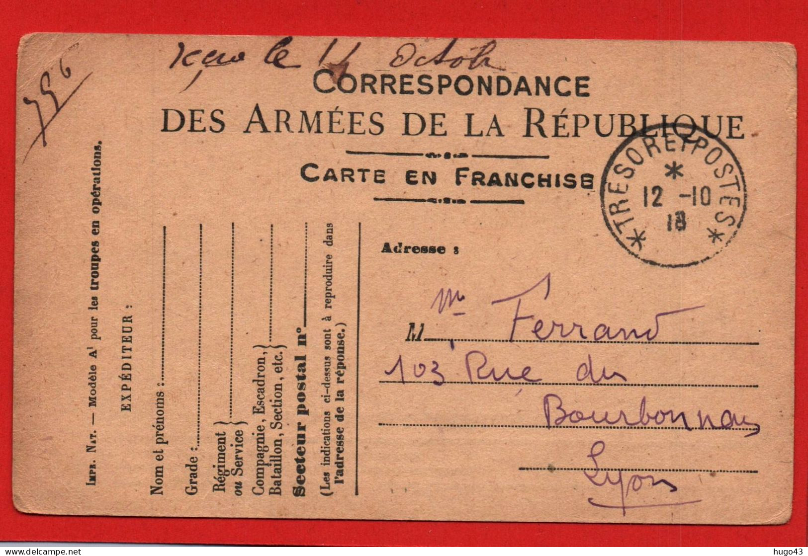 CARTE CORRESPONDANCE DES ARMEES DE LA REPUBLIQUE  - TRESOR ET POSTES  1918 - LEGERS PLIS ANGLES - Lettres & Documents