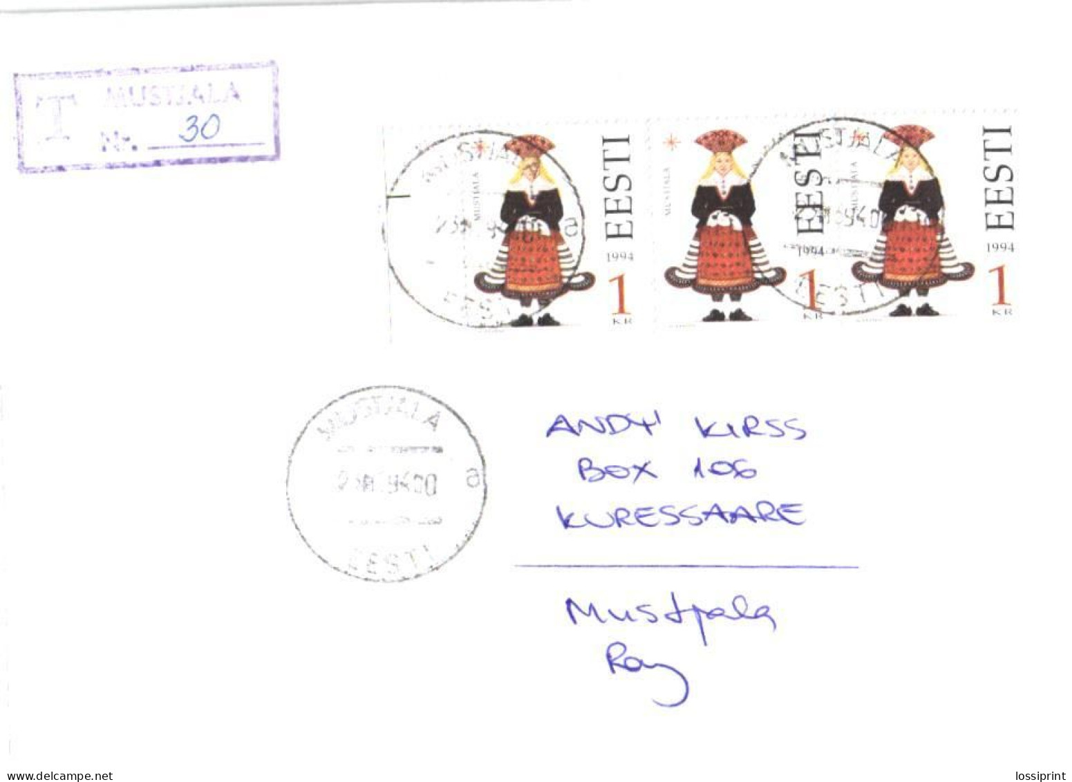 Estonia:FDC, Mustjala National Costumes, Registered Letter, 1994 - Estonia