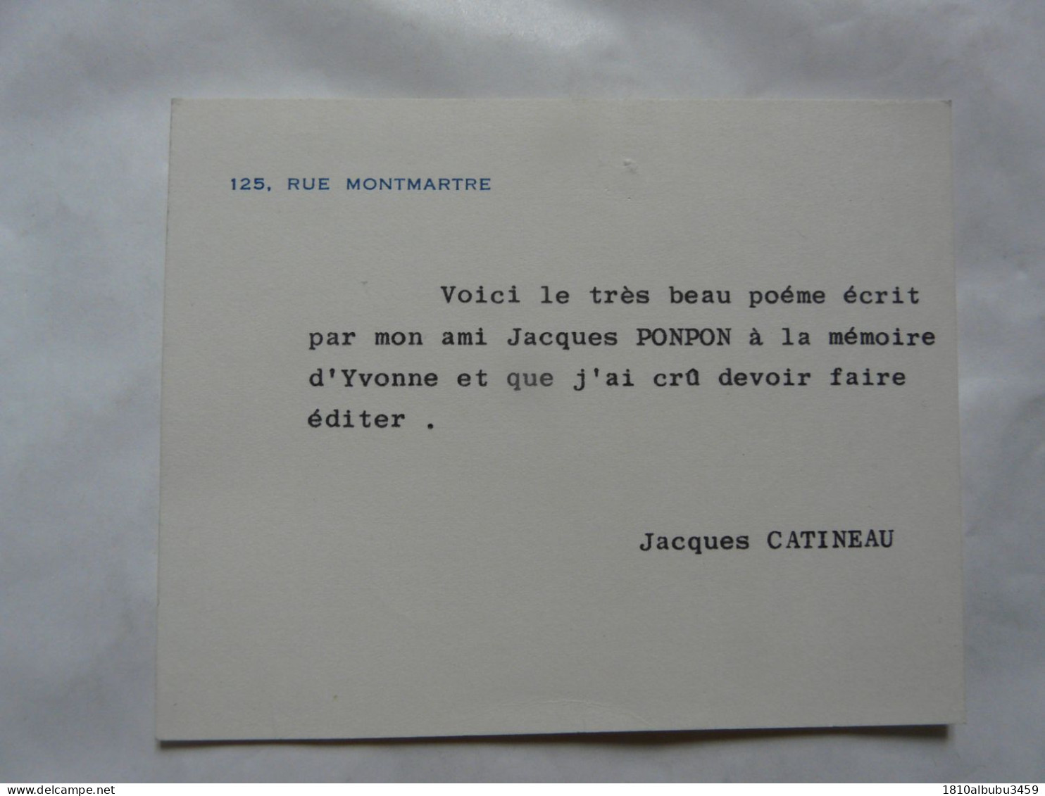 VIEUX PAPIERS - CARTE DE VISITE : Jacques CATINEAU - Jacques PONPON - Tarjetas De Visita