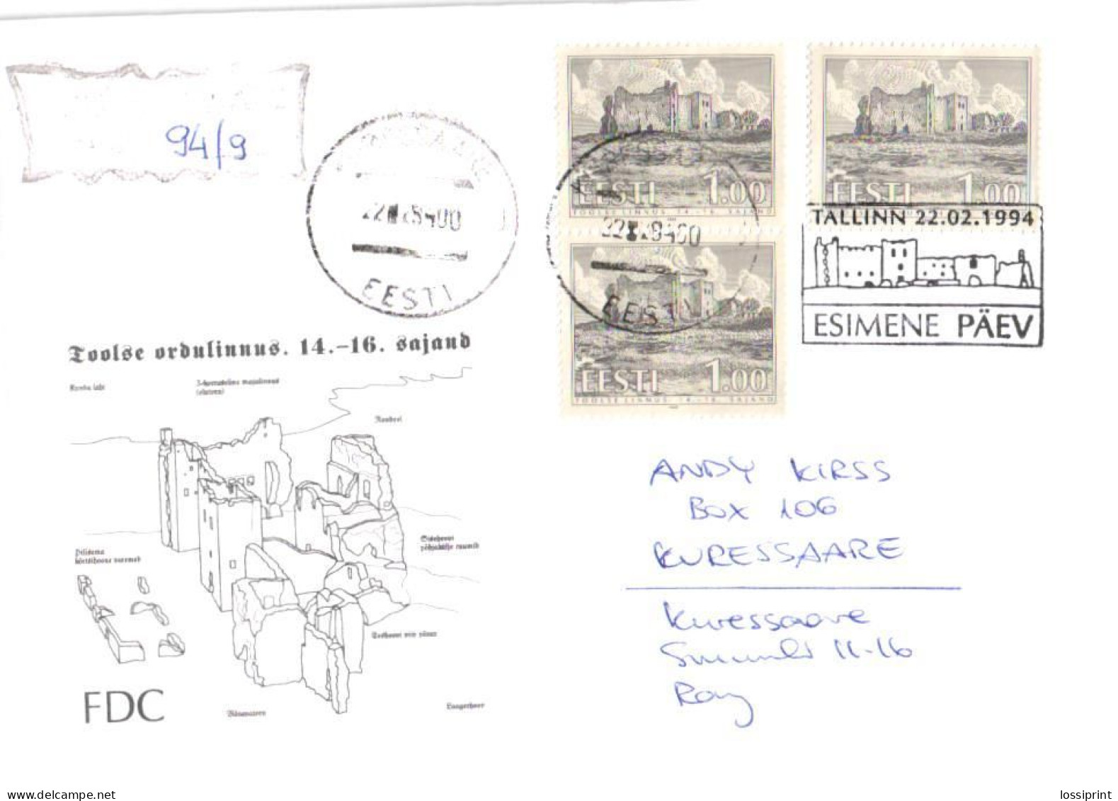 Estonia:FDC, Toolse Castle, Registered Letter, 1994 - Estonie
