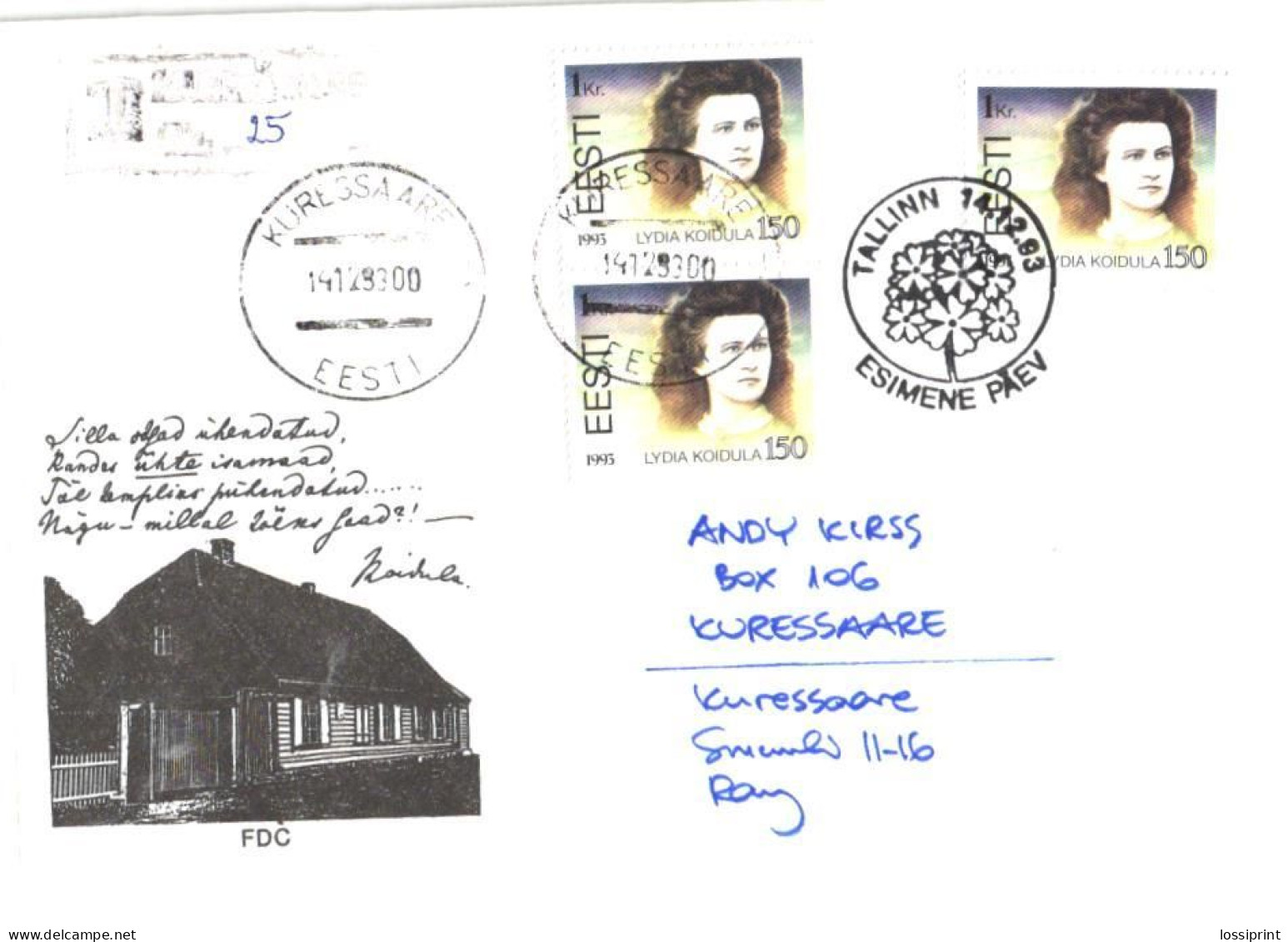 Estonia:FDC, Lydia Koidula 150, Registered Letter, 1993 - Estonie