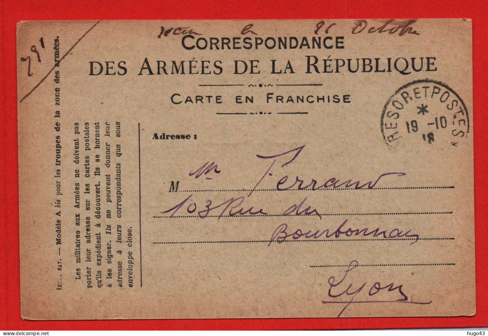 CARTE CORRESPONDANCE DES ARMEES DE LA REPUBLIQUE  - TRESOR ET POSTES 1918 - Briefe U. Dokumente