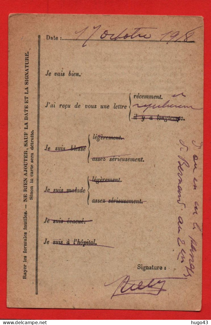 CARTE CORRESPONDANCE DES ARMEES DE LA REPUBLIQUE  - TRESOR ET POSTES 1918 - Storia Postale