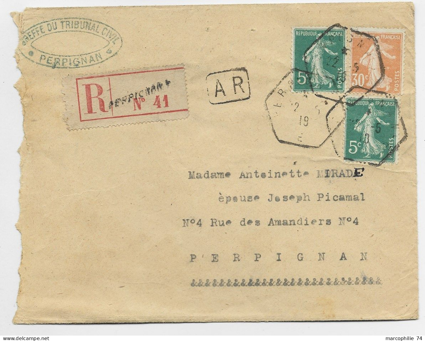 SEMEUSE 30C ORANGE +5CX2 LETTRE REC AR C. HEX PERPIGNAN AA 1918 PYRENEES ORIENTALES - 1877-1920: Periodo Semi Moderno