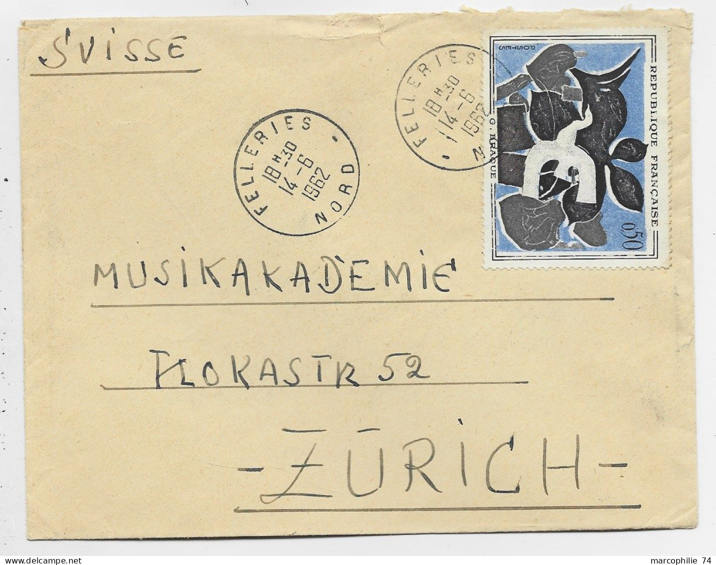 FRANCE TABLEAU 50C GEORGES BRAQUE SEUL LETTRE COVER FELLERIES 14.6.1962 NORD POUR SUISSE AU TARIF - 1961-....