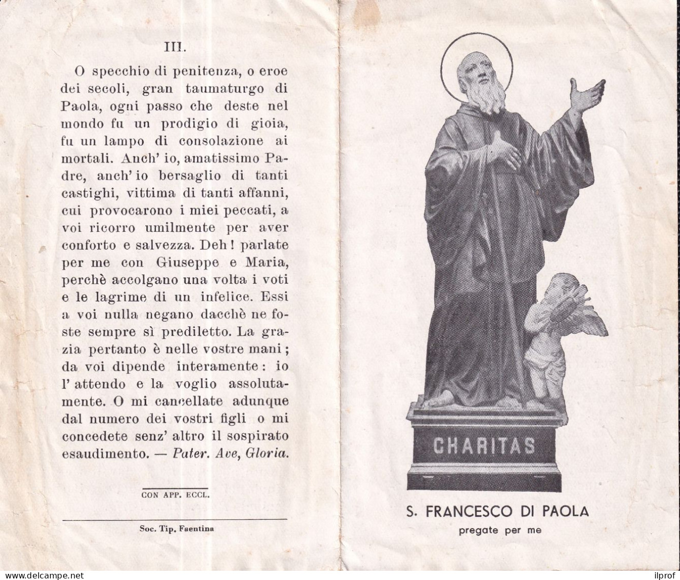 San Francesco Di Paola Statua - Vecchio Santino Pieghevole Con Preghiera  Rif. S454 - Religion &  Esoterik