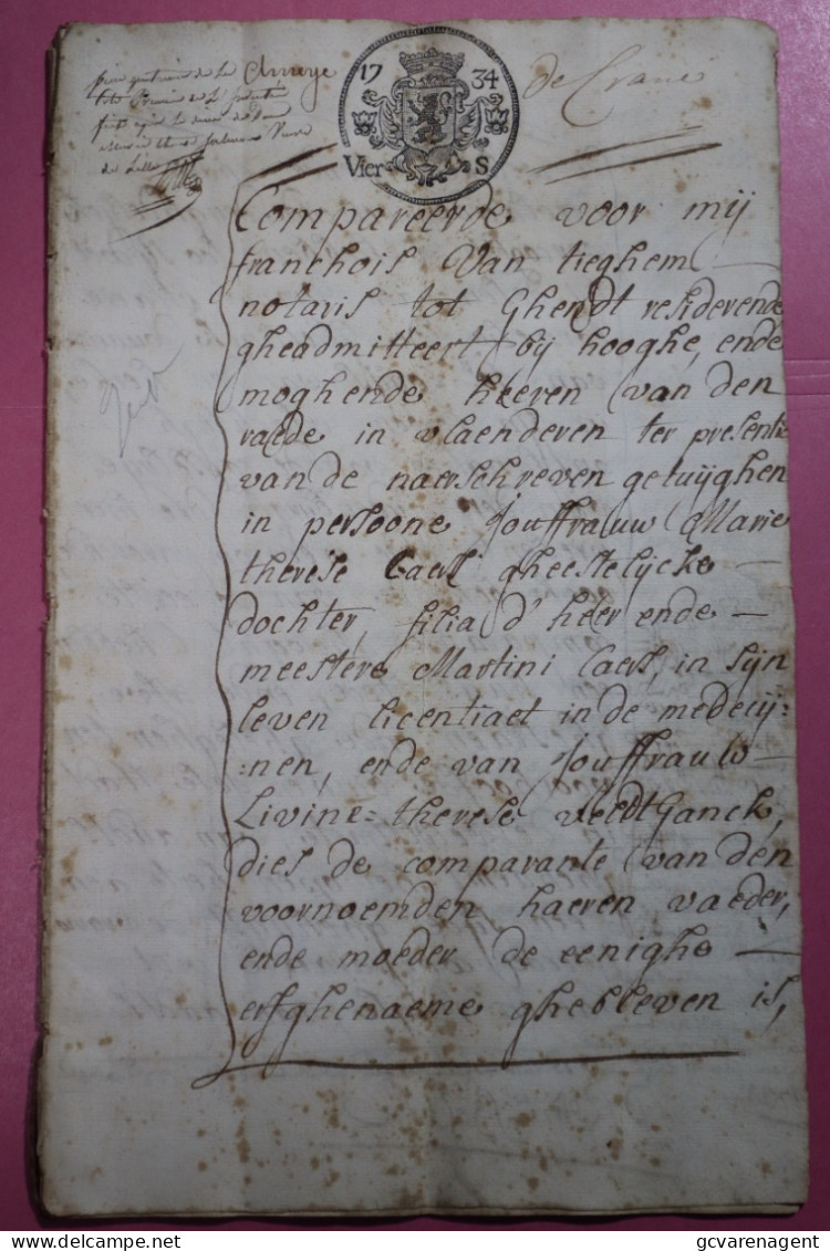 GENT 1734 ADEL - STERFHUIS MARIE CORNELIA DE GHELLINCK, ERVEN, VOOGDEN, INVENTARIS  13 BESCHREVEN BLADZIJDEN - Documentos Históricos