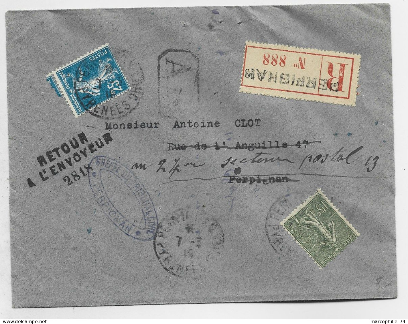 FRANCE SEMEUSE 15C+25C LETTRE REC AR PERPIGNAN 1919 POUR PERPIGNAN RETOUR ENVOYEUR 2818 - 1921-1960: Période Moderne