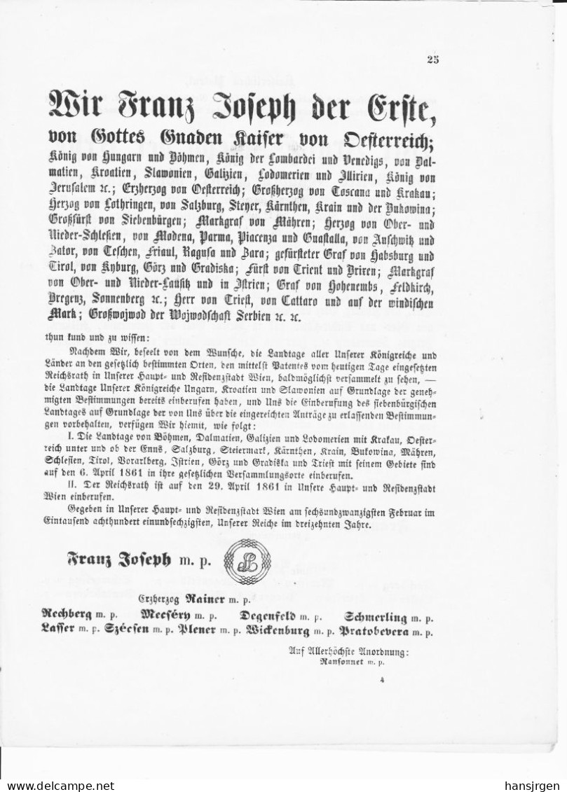 DOK28 ÖSTERREICH 1861 WIR FRANZ JOSEPH DER ERSTE VON GOTTES GNADEN KAISER VON ÖSTERREICH SIEHE ABBILDUNG - Documenti Storici