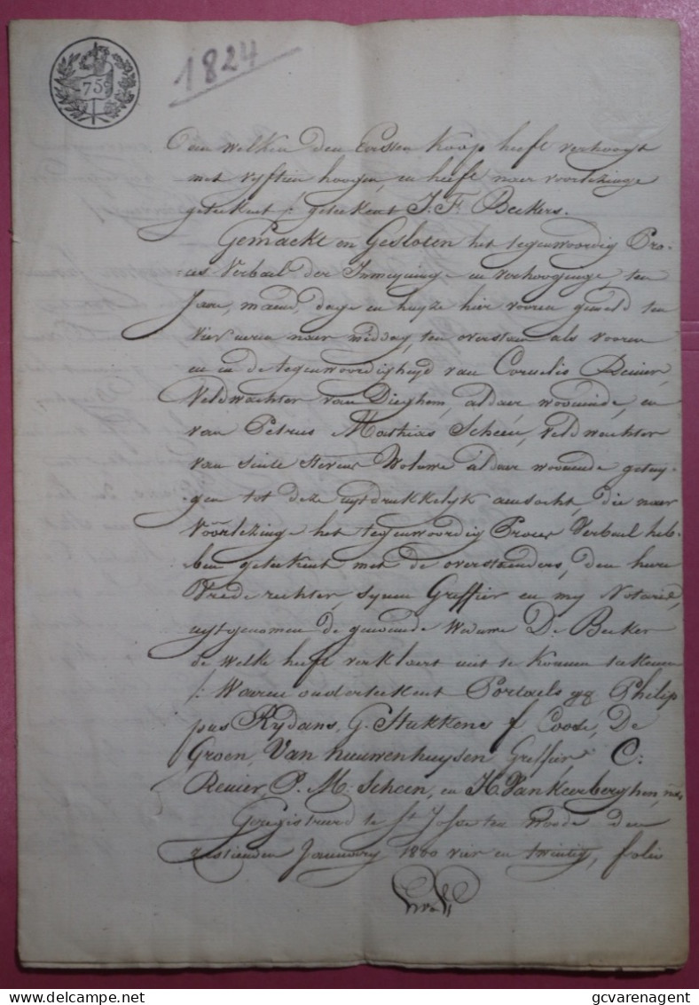 1824 VELDWACHTER VAN DIEGEM - VERKOOP.   7  BESCHREVEN BLADZIJDEN - Documents Historiques