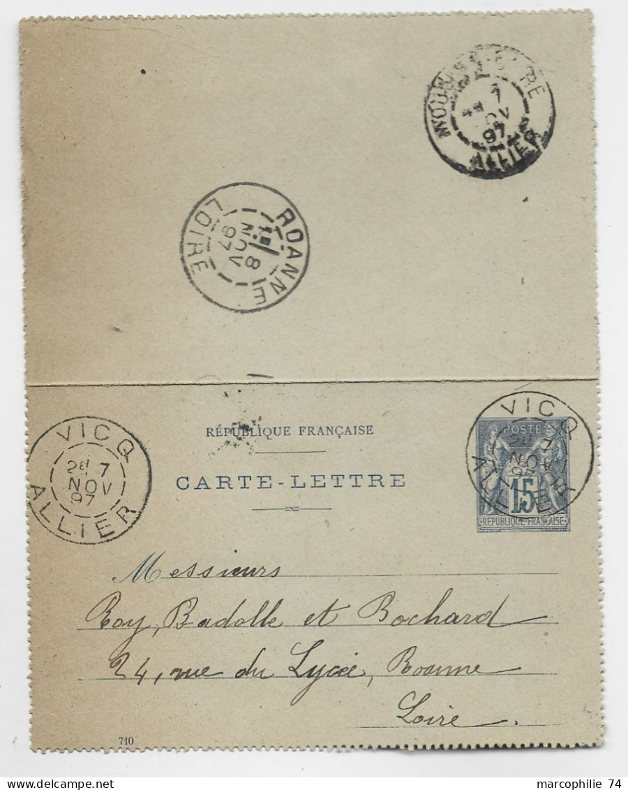 ENTIER SAGE 15C CARTE LETTRE TYPE A VICQ 7 NOV 1897 ALLIER - 1877-1920: Periodo Semi Moderno