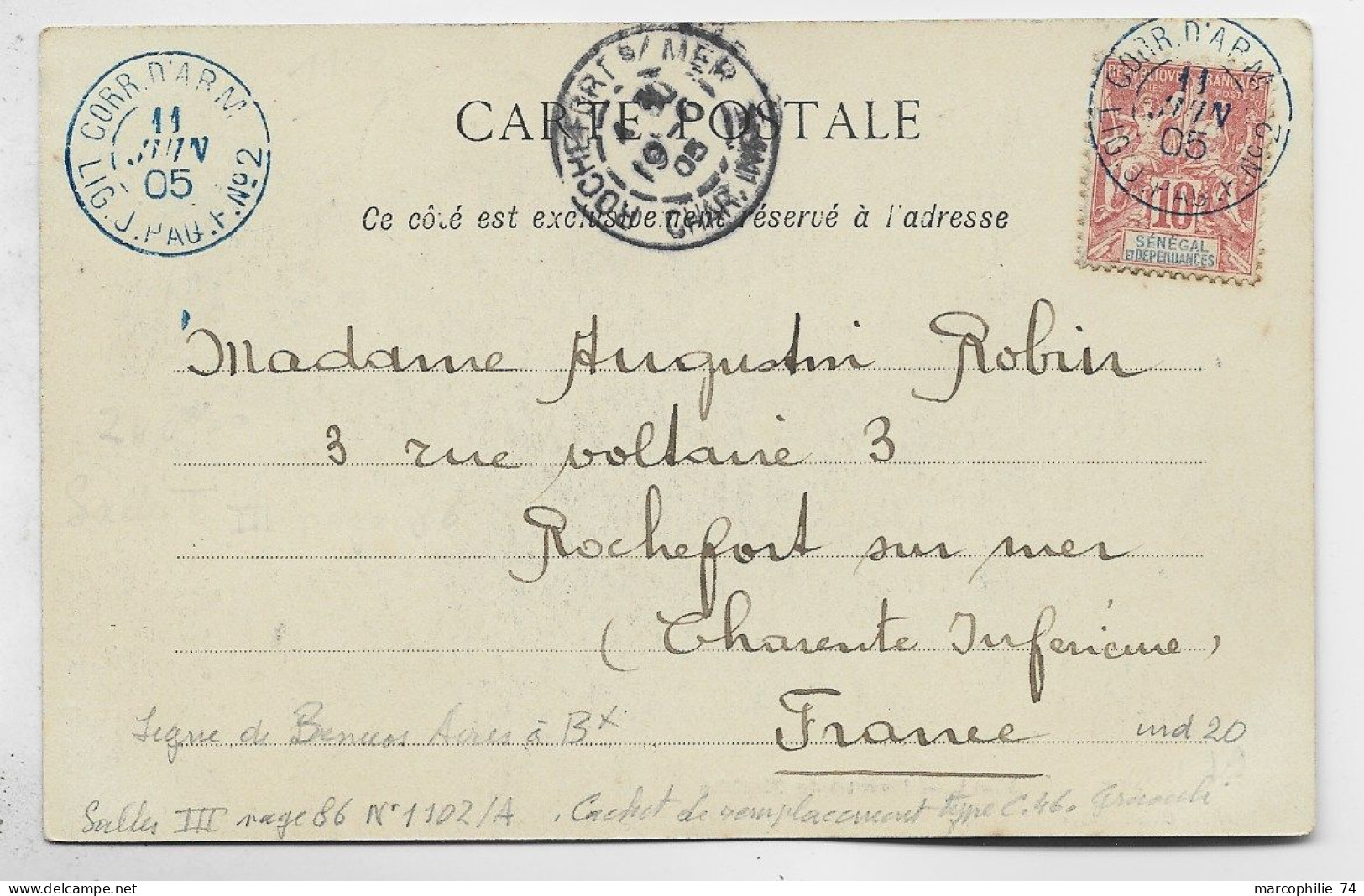 SENEGAL 10C GROUPE CACHET BLEU CORR D'ARM 11 JUIN 05 LIG J PAQ FN°2 SUR CARTE MARCHE DE MECKHE COTE 600€ - Storia Postale