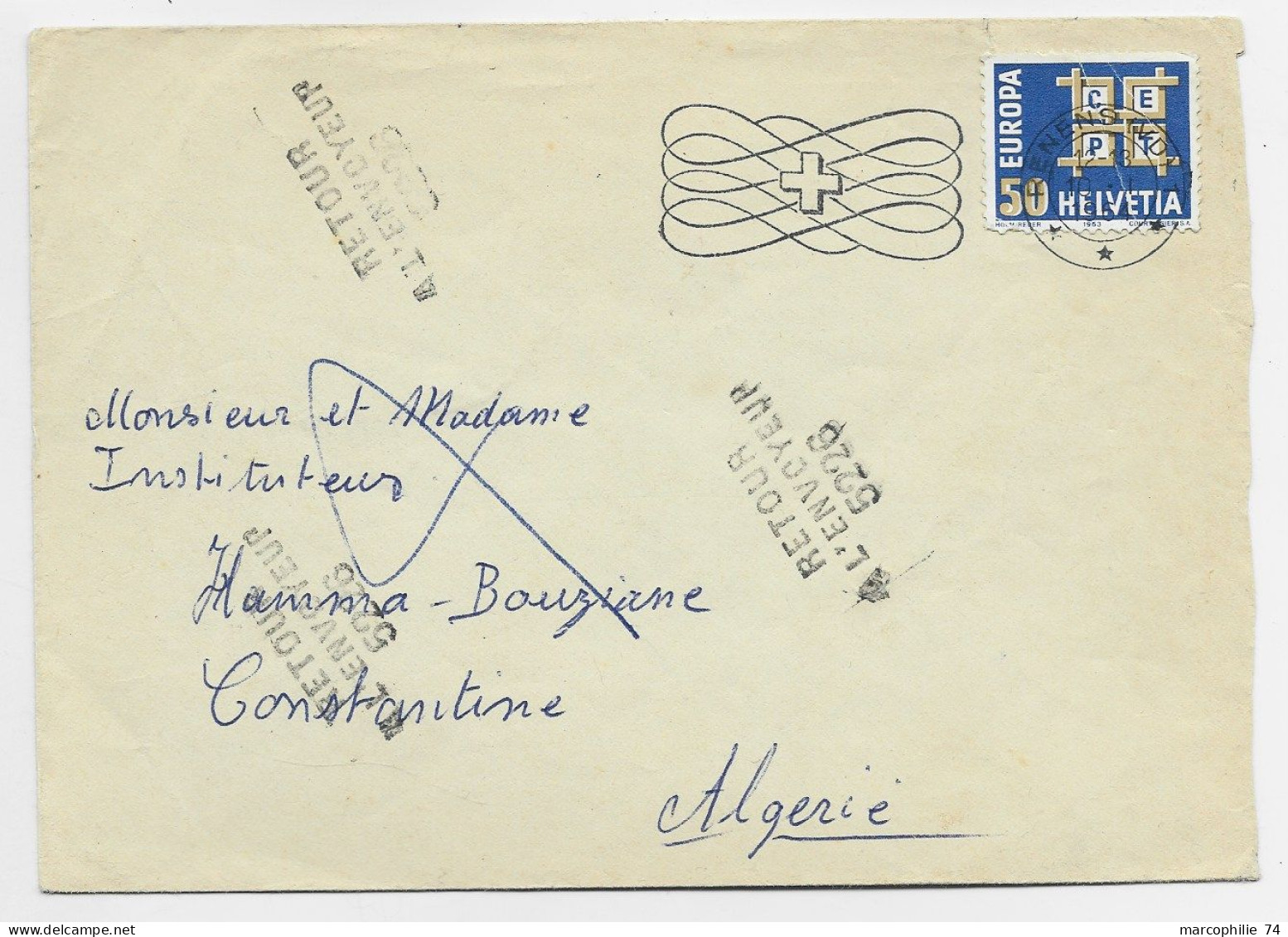 HELVETIA 50C LETTRE RENENS 1964 POUR HAMMA BOUZIANE ALGERIE + RETOUR ENVOYEUR 5226 - Storia Postale