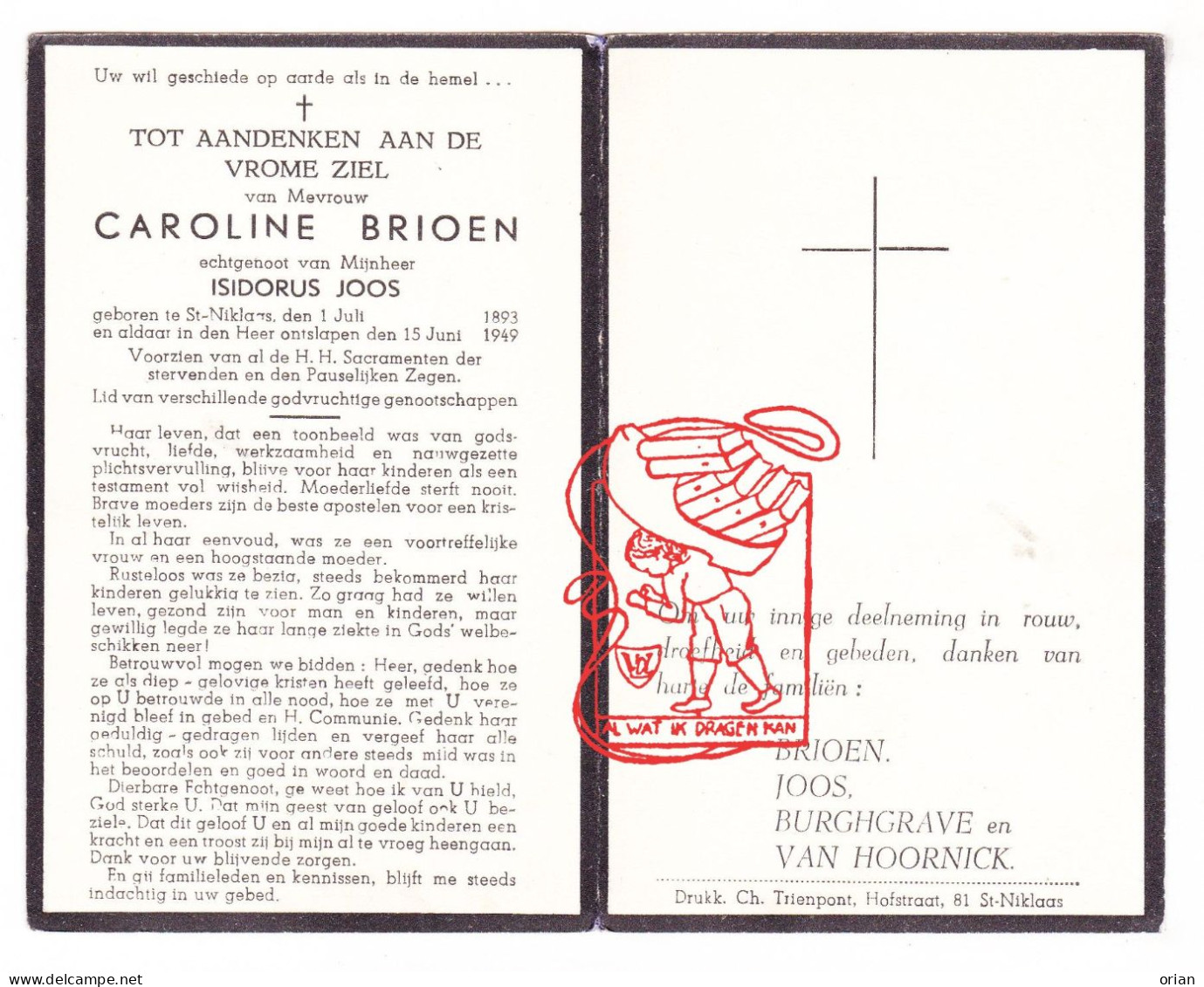 DP Caroline Brioen ° Sint-Niklaas 1893 † 1949 X Isidorus Joos // Burghgrave Van Hoornick - Devotion Images