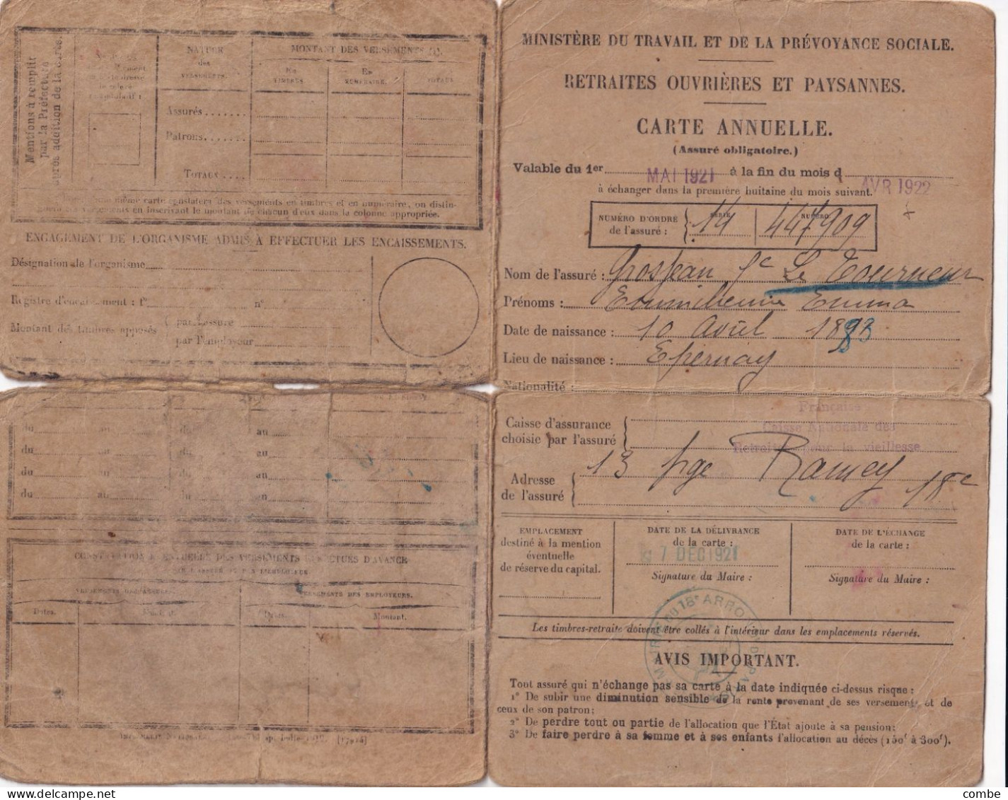 CARNET. MINISTERE DU TRAVAIL. RETRAITES OUVRIERES ET PAYSANNES. 7 DEC 1921. XVIII° ARRONDISSEMENT PARIS - Covers & Documents