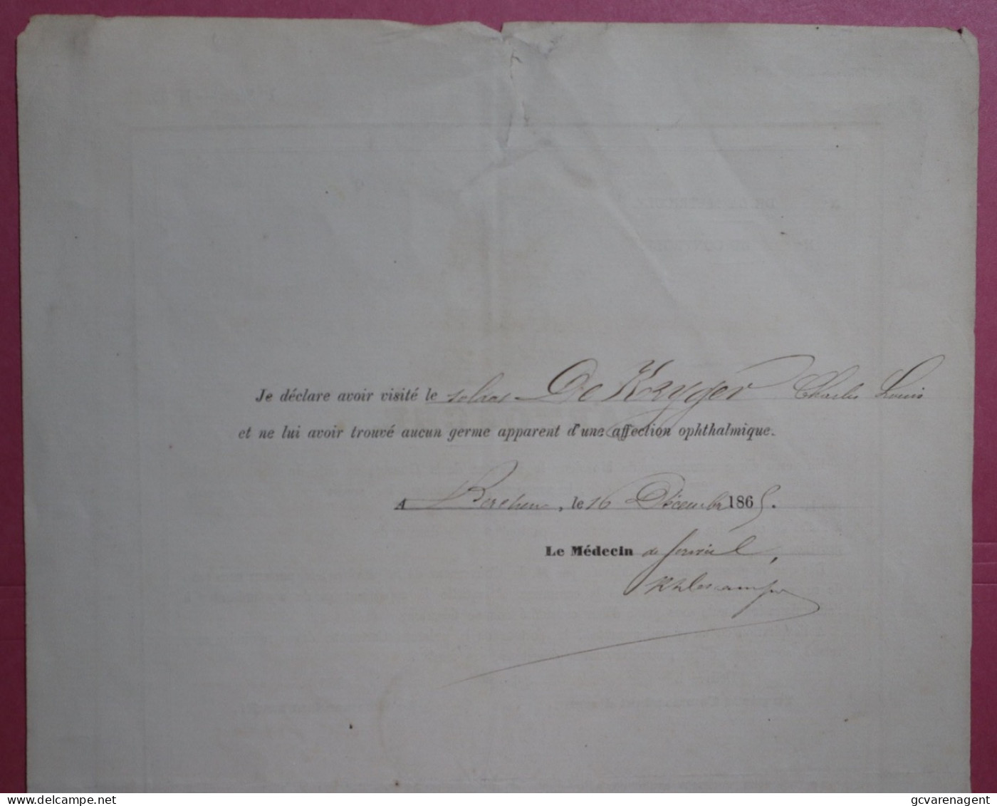 CARTOUCHE 6e REG.DE LIGNE - SIGNALEMENT DE KRIJGER CHARLES SOLDAT - BASSEVELDE CANTON EECLOO 1868 - Documenten