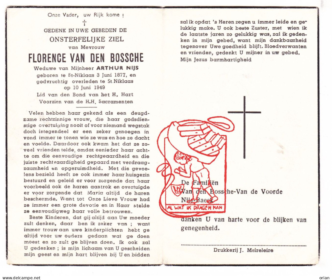 DP Florence Van Den Bossche ° Sint-Niklaas 1877 † 1949 X Arthur Nijs // Van De Voorde Baeck - Devotion Images