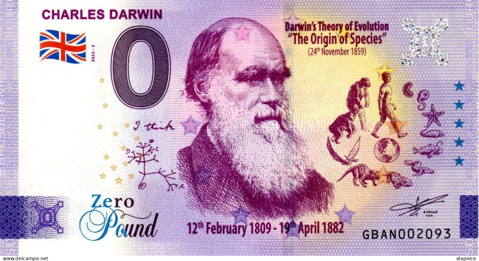 Billet Touristique - 0 Pound - UK - Charles Darwin (2022-2) - Essais Privés / Non-officiels