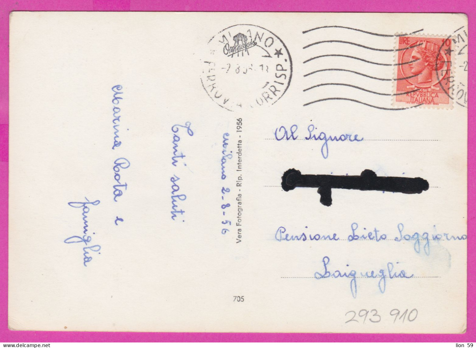 293910 / Italy -  Milano - Castle Castello Sforzesco. Piazza Castello PC 1956 USED - 10 L Coin Of Syracuse - 1946-60: Poststempel