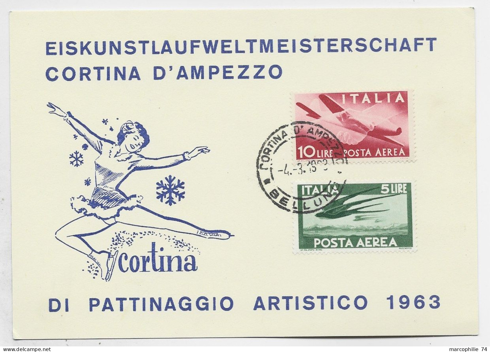 ITALIA PA 5LIRE +10 LIRE CARTOLINA CORTINA D'AMPEZZO PATINAGE PATTINAGGIO 1963 - 1961-70: Marcofilia