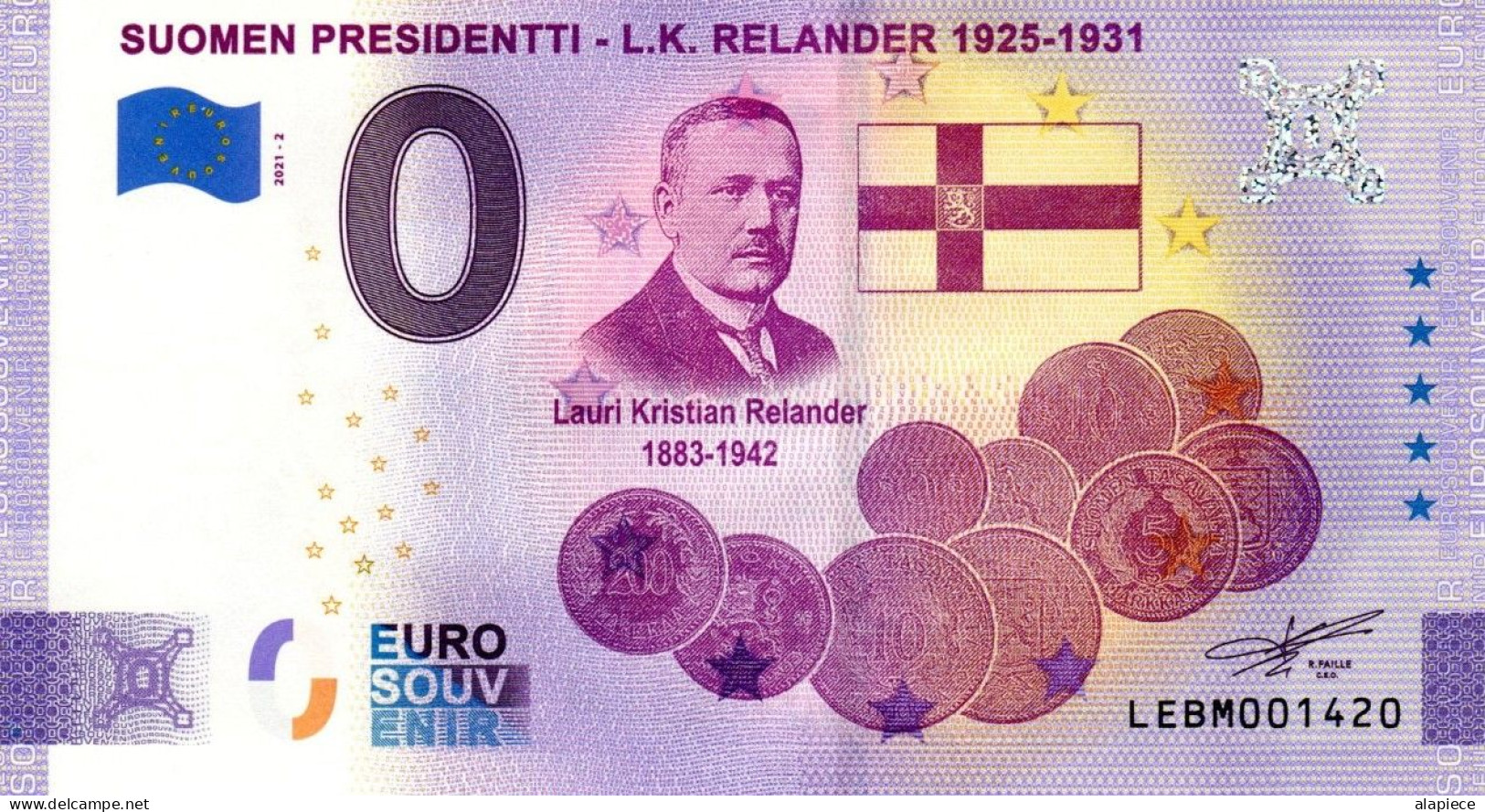 Billet Touristique - 0 Euro - Finlande - Presidentti - L.K Relander (2021-2) - Essais Privés / Non-officiels