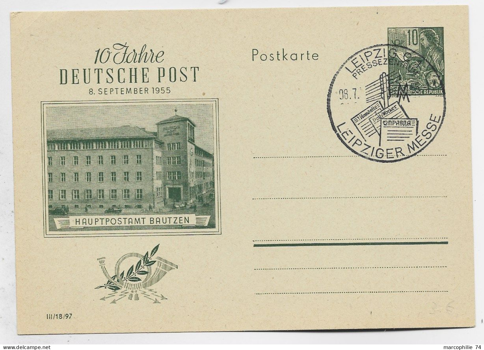 GERMANY 10C POSTKARTE 10 JAHRE DEUTSCHE POST 1955 LEIPZIG MESSE - Postkarten - Ungebraucht