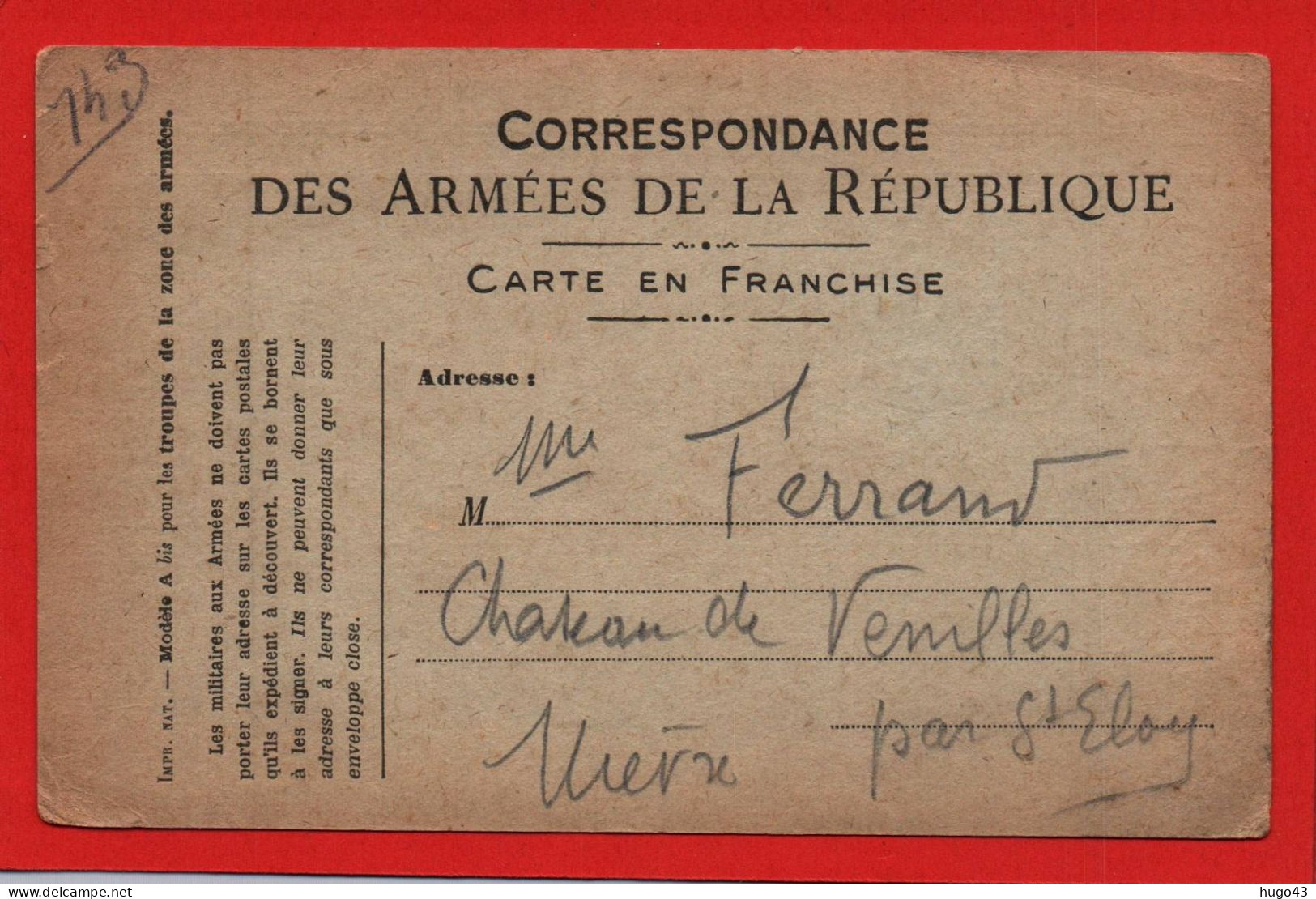 CARTE CORRESPONDANCE DES ARMEES DE LA REPUBLIQUE EN 1919 - ACCROC A GAUCHE - Storia Postale