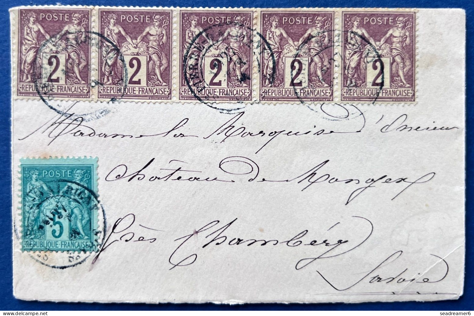 Petite Lettre De SAVOIE Sage N°85 Bande De 5 + N°76 Oblitérés Dateur Bleu/vert De " St Pierre D'Albigny " RR - 1876-1898 Sage (Type II)