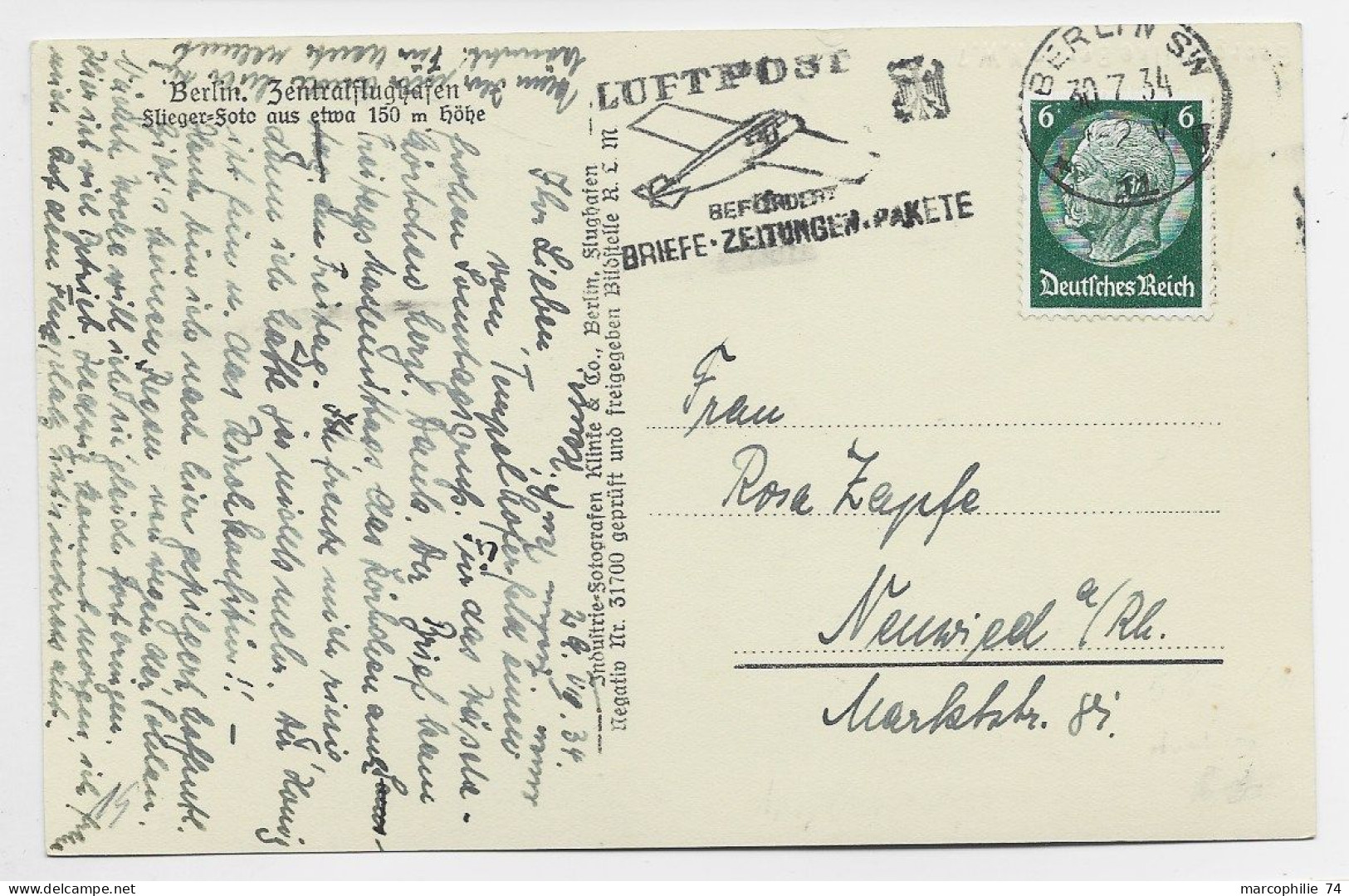 GERMANY 6C REICH MACANIQUE LUFTPOST BRIEFE BERLIN 1934 KARTE ZENTRAL FLUG HAFEN - Lettres & Documents