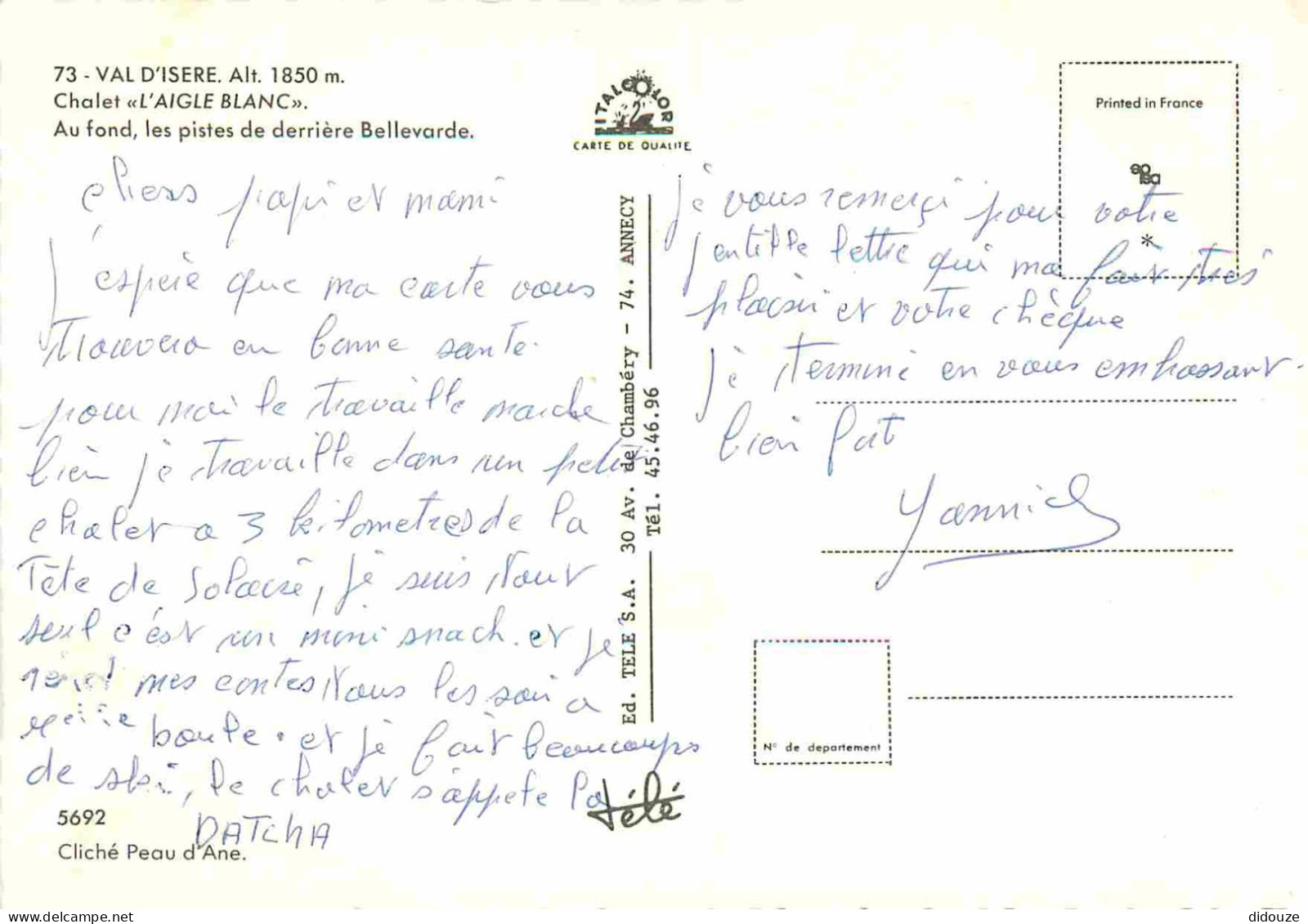 73 - Val D'Isère - Chalet L'Aigle Blanc - Au Fond Les Pistes De Derrière Bellevarde - Automobiles - Carte Dentelée - CPS - Val D'Isere