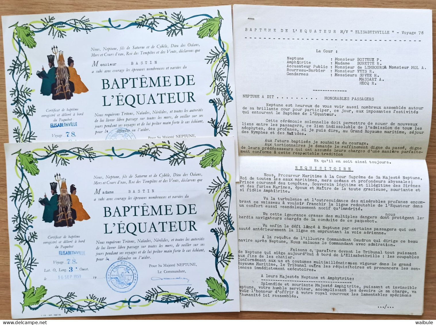 2" Baptême Equateur" + Discours De 5 Pages Bateau Compagnie Maritime Belge Navire Elisabethville Voyage 78 Sept.59 - Diplômes & Bulletins Scolaires