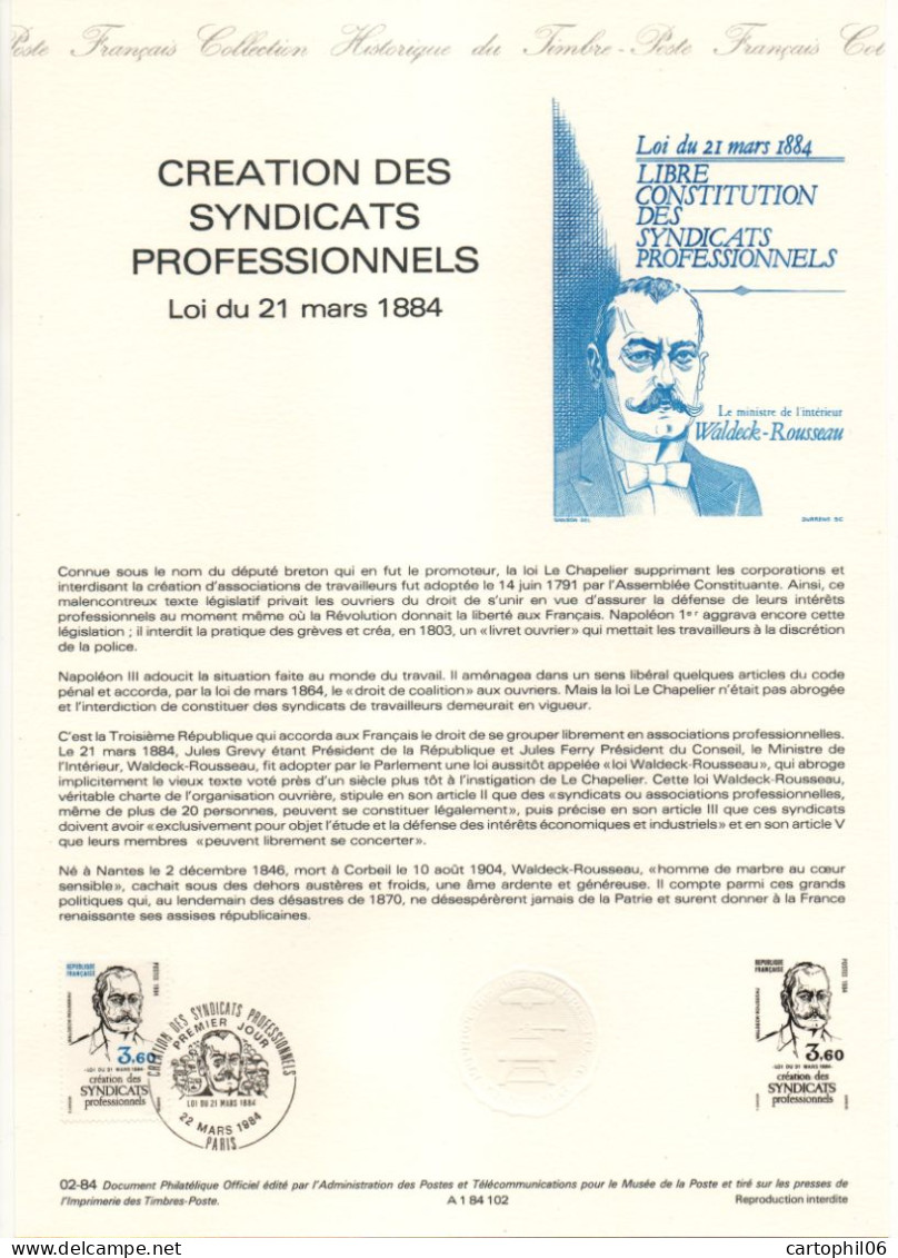 - Document Premier Jour LA CRÉATION DES SYNDICATS PROFESSIONNELS - Waldeck-Rousseau - PARIS 22.3.1984 - - Documents Of Postal Services