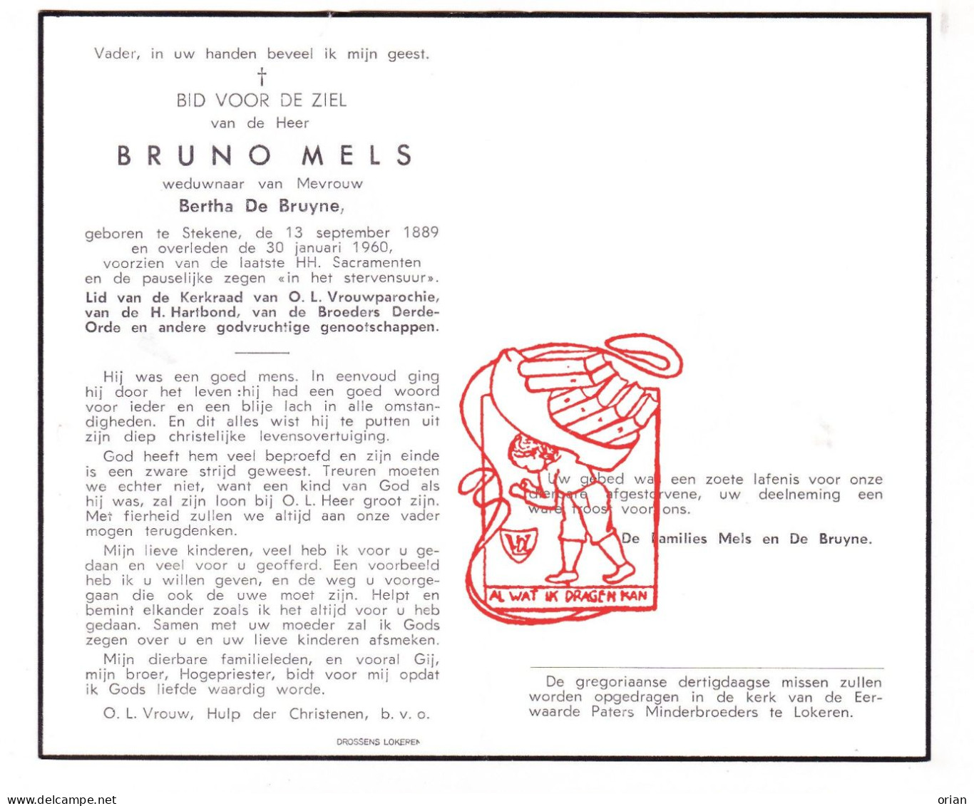 DP Bruno Mels ° Stekene 1889 † 1960 X Bertha De Bruyne - Devotion Images