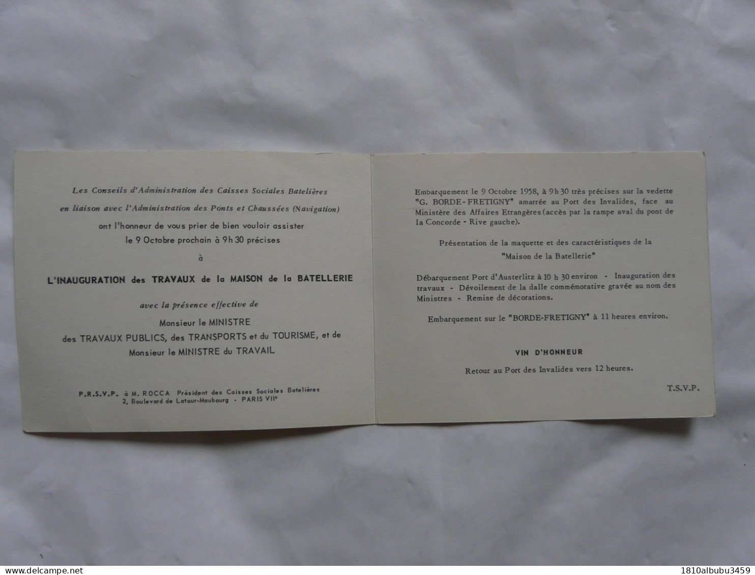 VIEUX PAPIERS - INVITATION MAISON DE LA BATELLERIE - Inauguration Des Travaux 1958 - Programma's