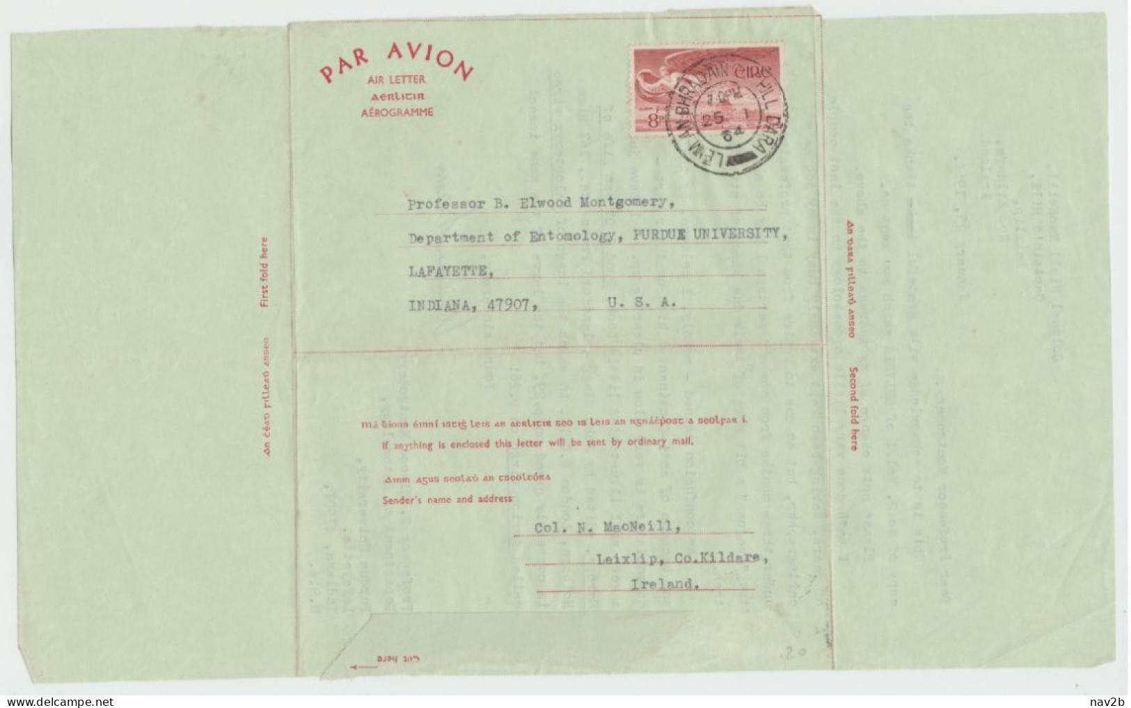 Aérogramme Irlande Pour  L'Indiana U.S.A . 1964 - Enteros Postales