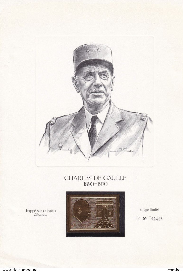 GENERAL CHARLES DE GAULLE. TIMBRE SANS FACIALE EN TIRAGE LIMITE ( N° 2466 ) FRAPPE OR 23 CARATS + TAAF      / 6000 - De Gaulle (Général)