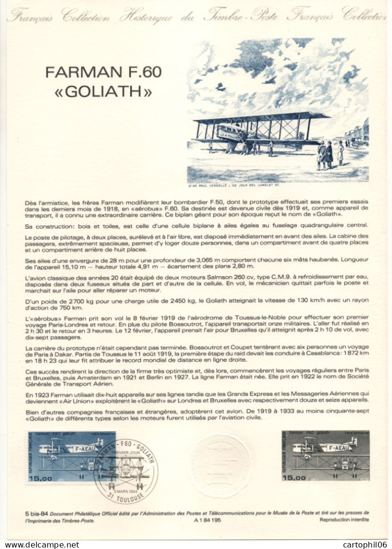 - Document Premier Jour L'Avion FARMAN F.60 GOLIATH - TOULOUSE 3.3.1984 - - Airplanes