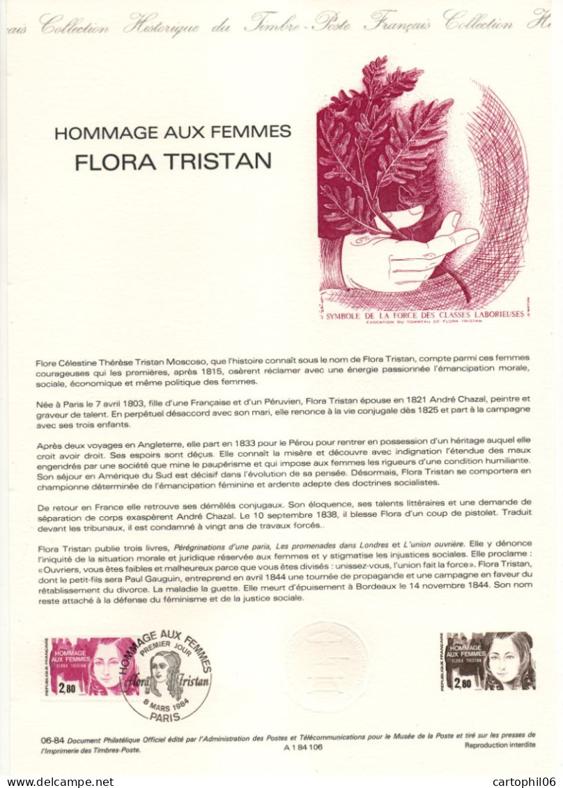 - Document Premier Jour FLORA TRISTAN - HOMMAGE AUX FEMMES - PARIS 8.3.1984 - - Famous Ladies