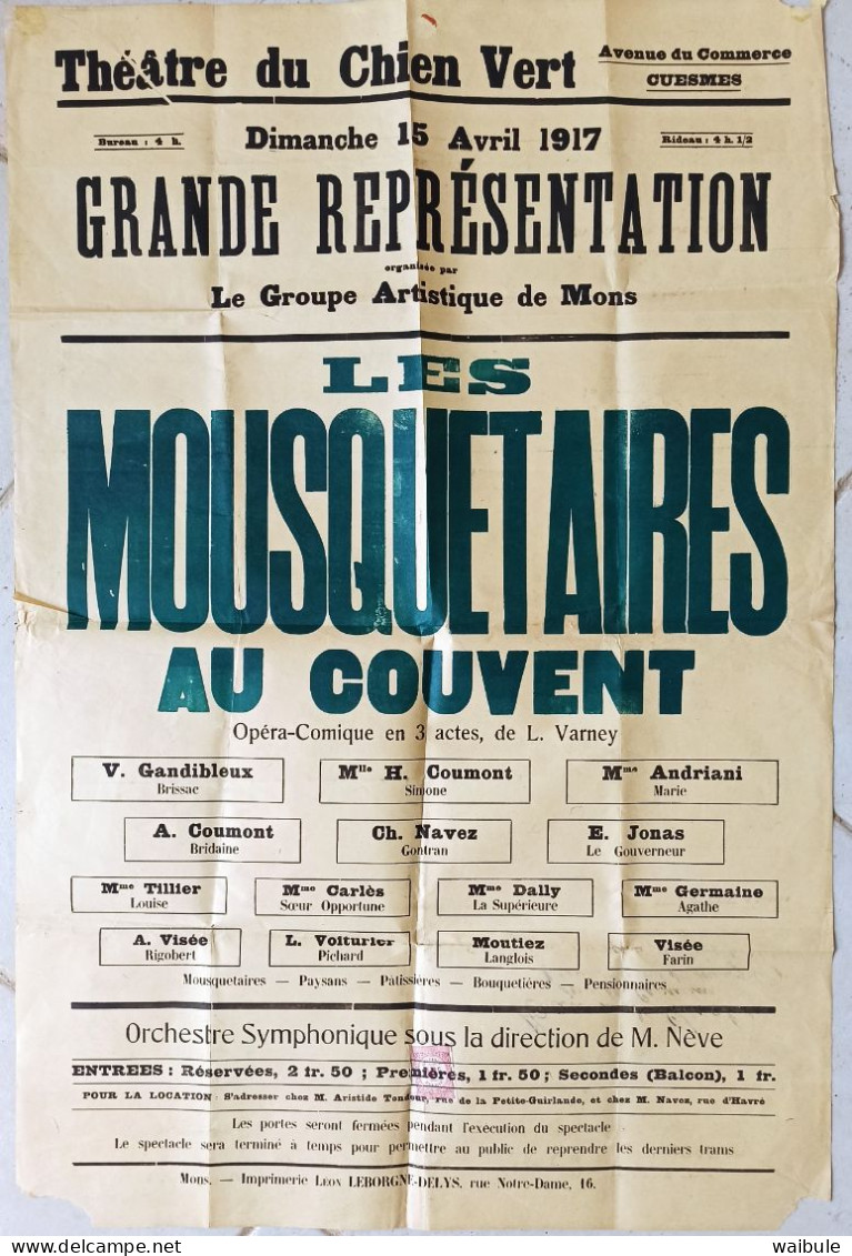 Cuesmes 1917 Affiche Théâtre Du Chien Vert - Afiches