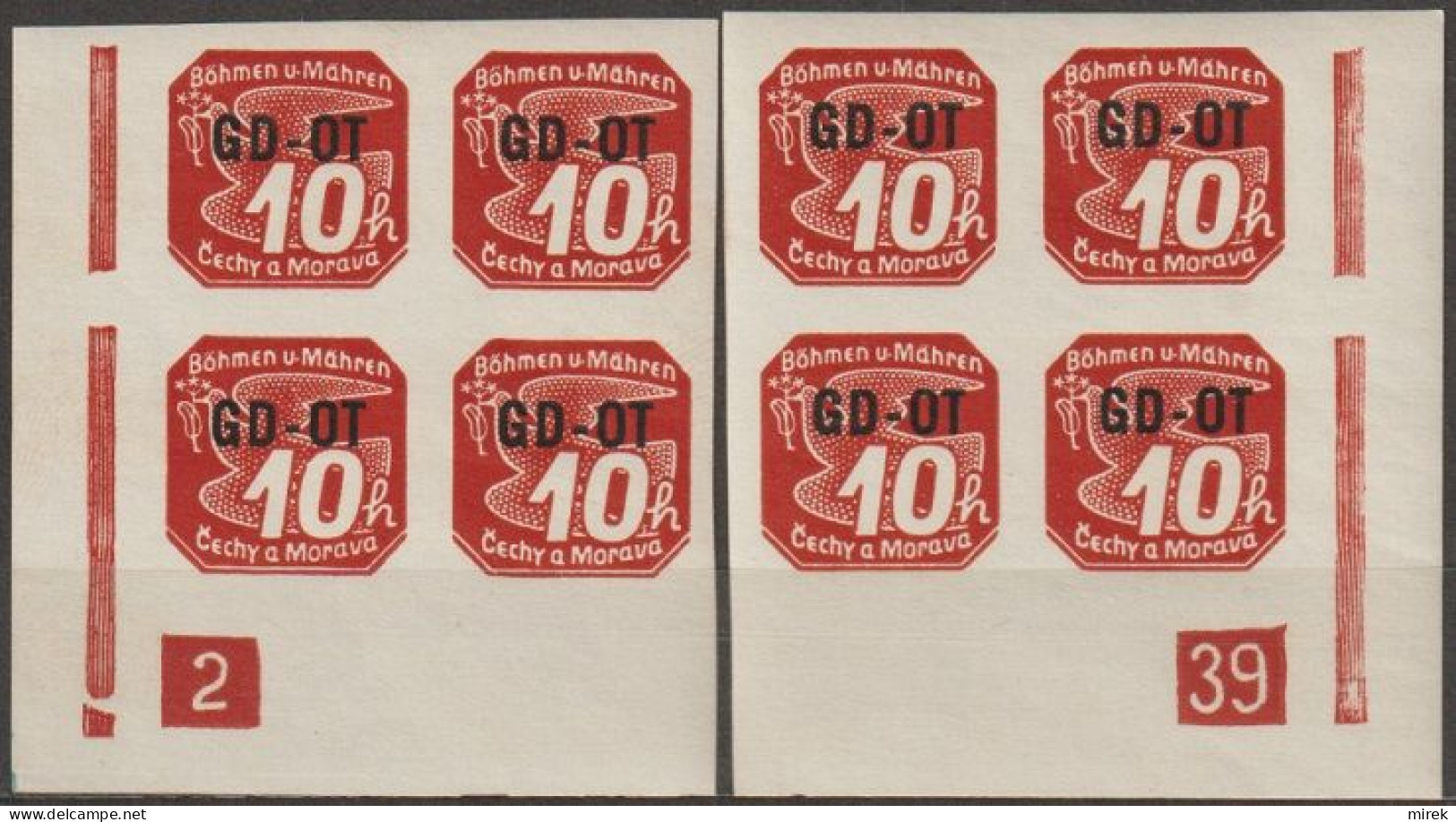 08/ Pof. OT 1, Corner 4-blocks, Plate Numbers 2-39 - Unused Stamps