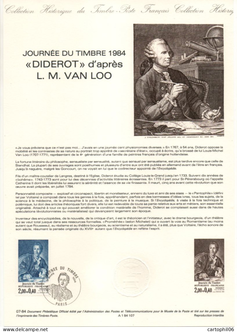 - Document Premier Jour DIDEROT D'après L. M. VAN LOO - JOURNÉE DU TIMBRE - PARIS 17.3.1984 - - Scrittori