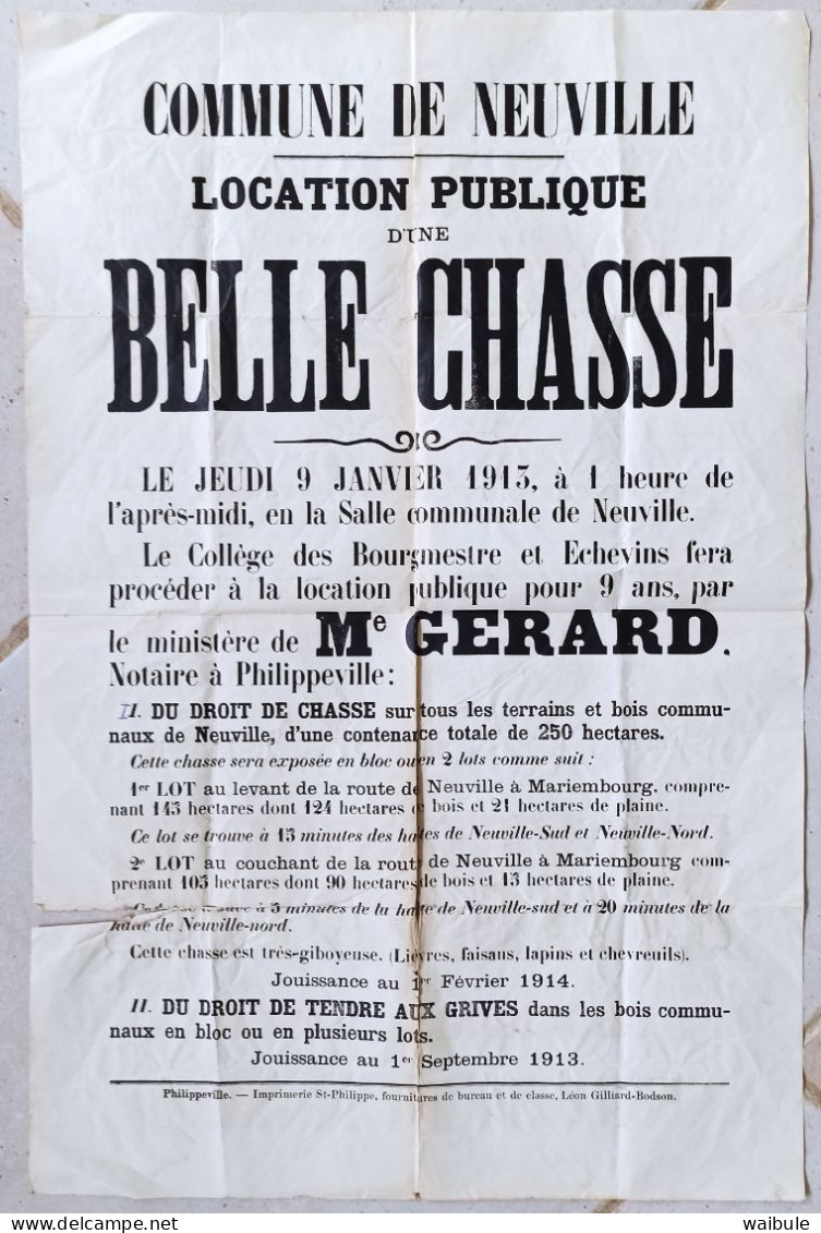 Neuville (Philippeville) 1915 Affiche Location Droit De Chasse Et Tendrie - Posters