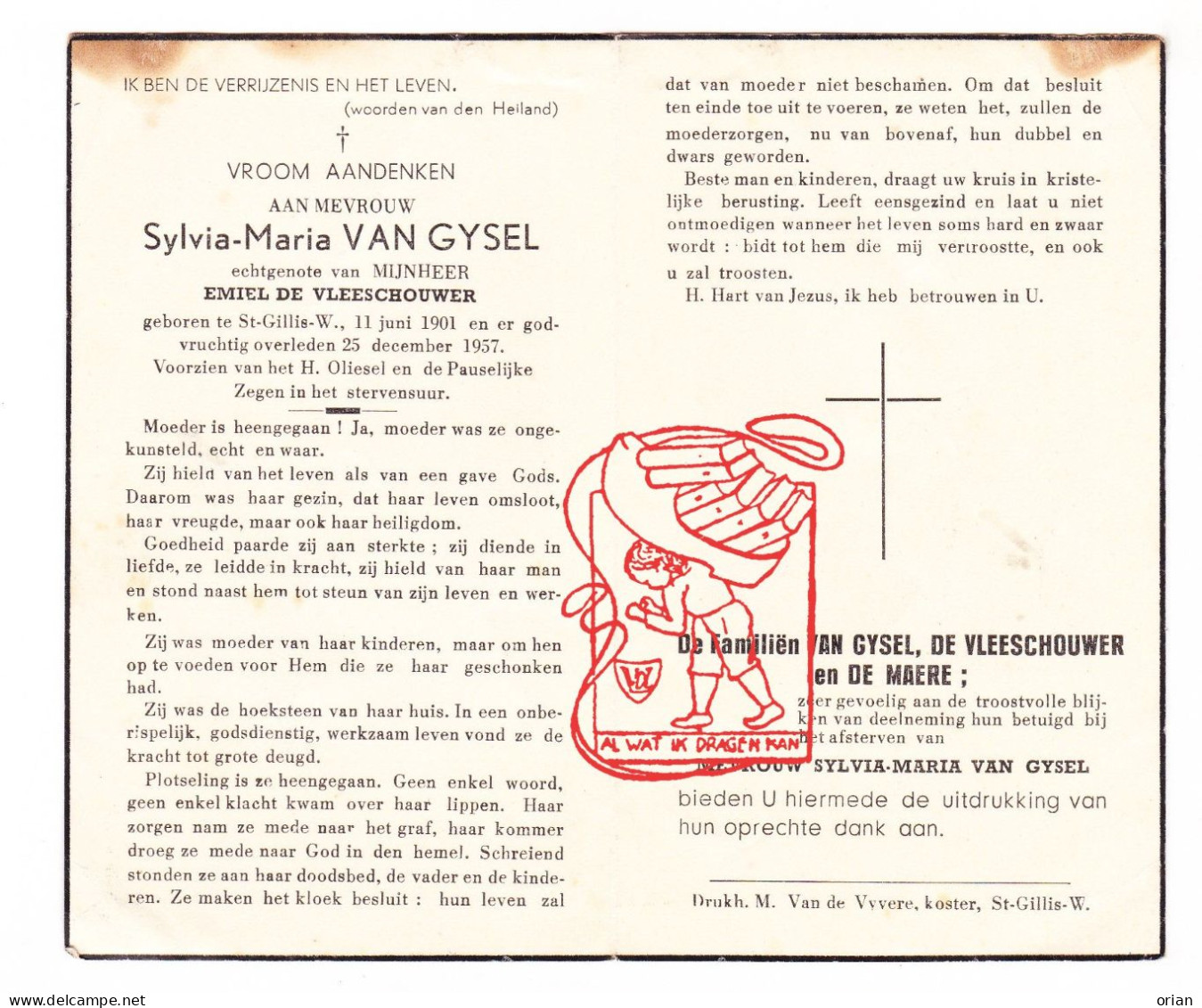DP Sylvia Maria Van Gysel ° Sint-Gillis-Waas 1901 † 1957 X Emiel De Vleeschouwer // De Maere - Devotion Images