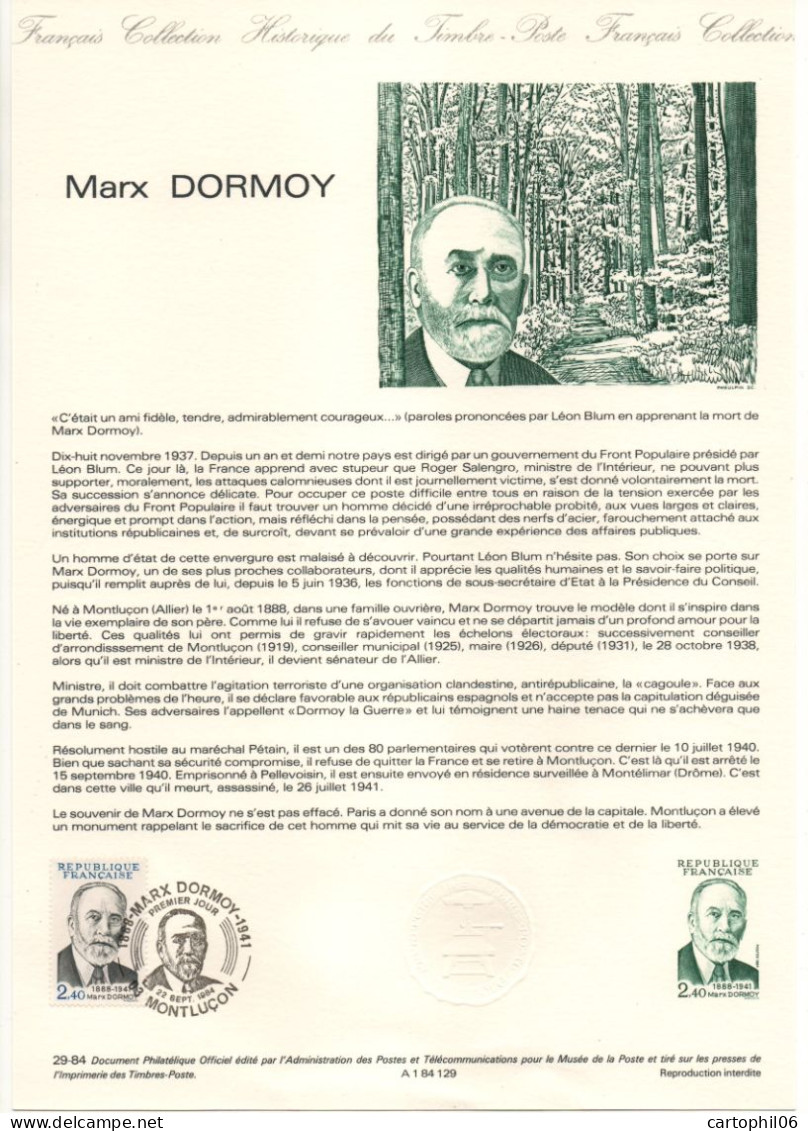 - Document Premier Jour MARX DORMOY - MONTLUCON 22.9.1984 - - Sonstige & Ohne Zuordnung