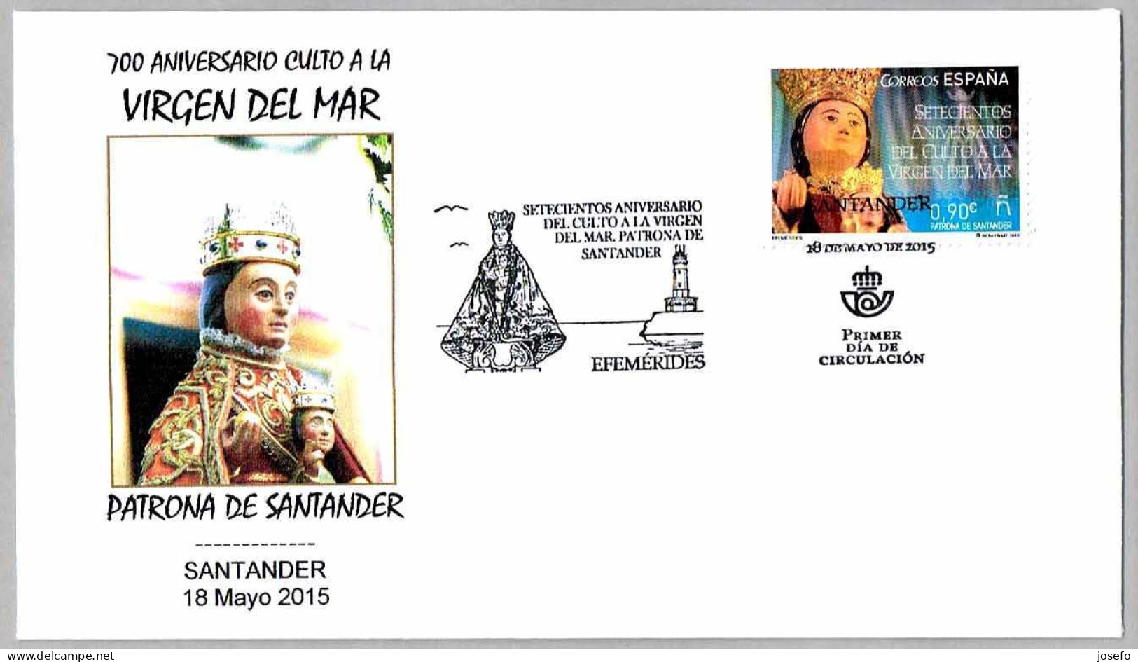 700 Años Culto A LA VIRGEN DEL MAR - PATRONA DE SANTANDER. FDC Santander, Cantabria, 2015 - Cristianesimo